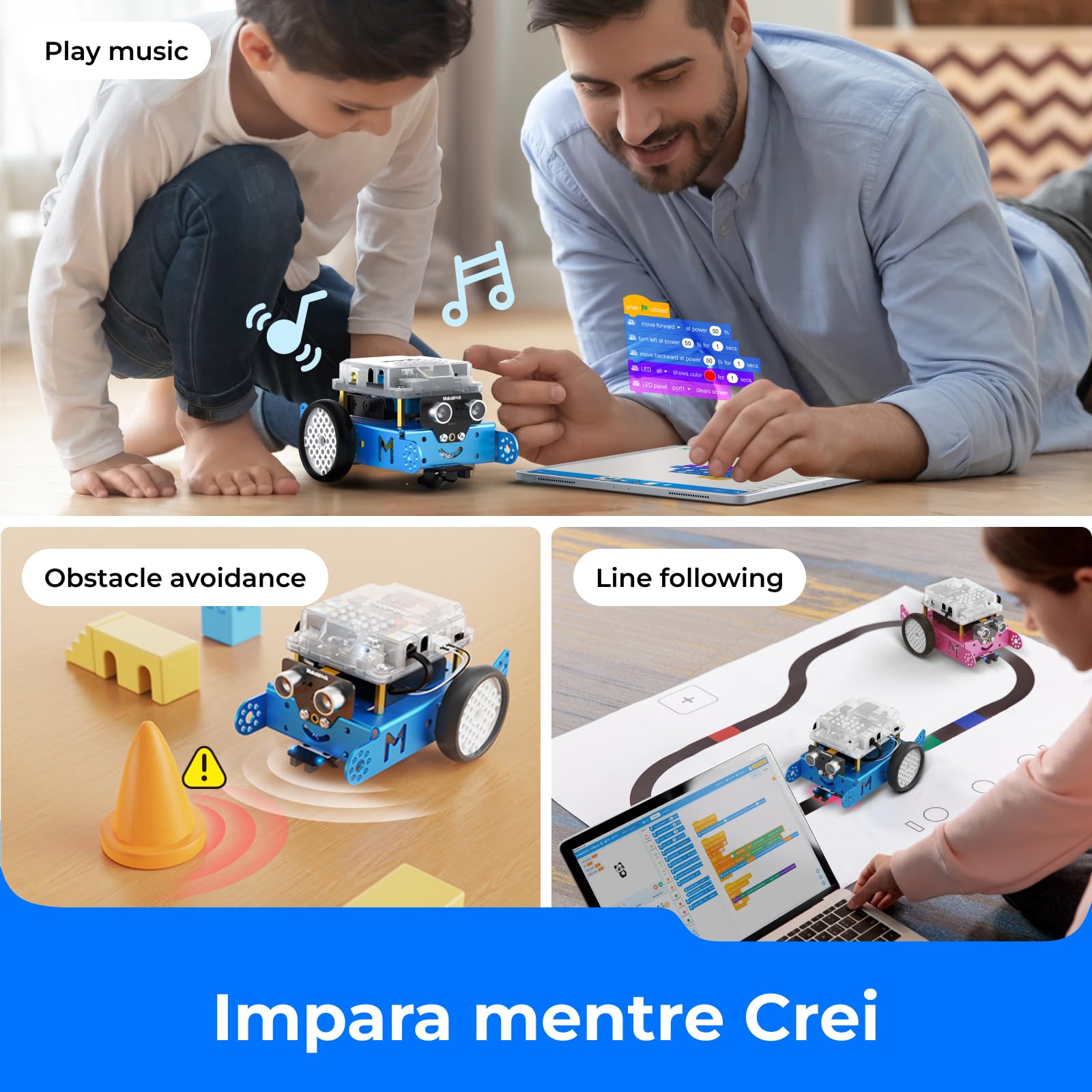 Makeblock mBot Robot Programmabile, STEM Giocattolo Compatibile con Programmazione Scratch / Arduino, Regali per Bambini Fonction Rileva Ostacoli, Segui linea, Robot di Codifica Robotico Kit - Blu