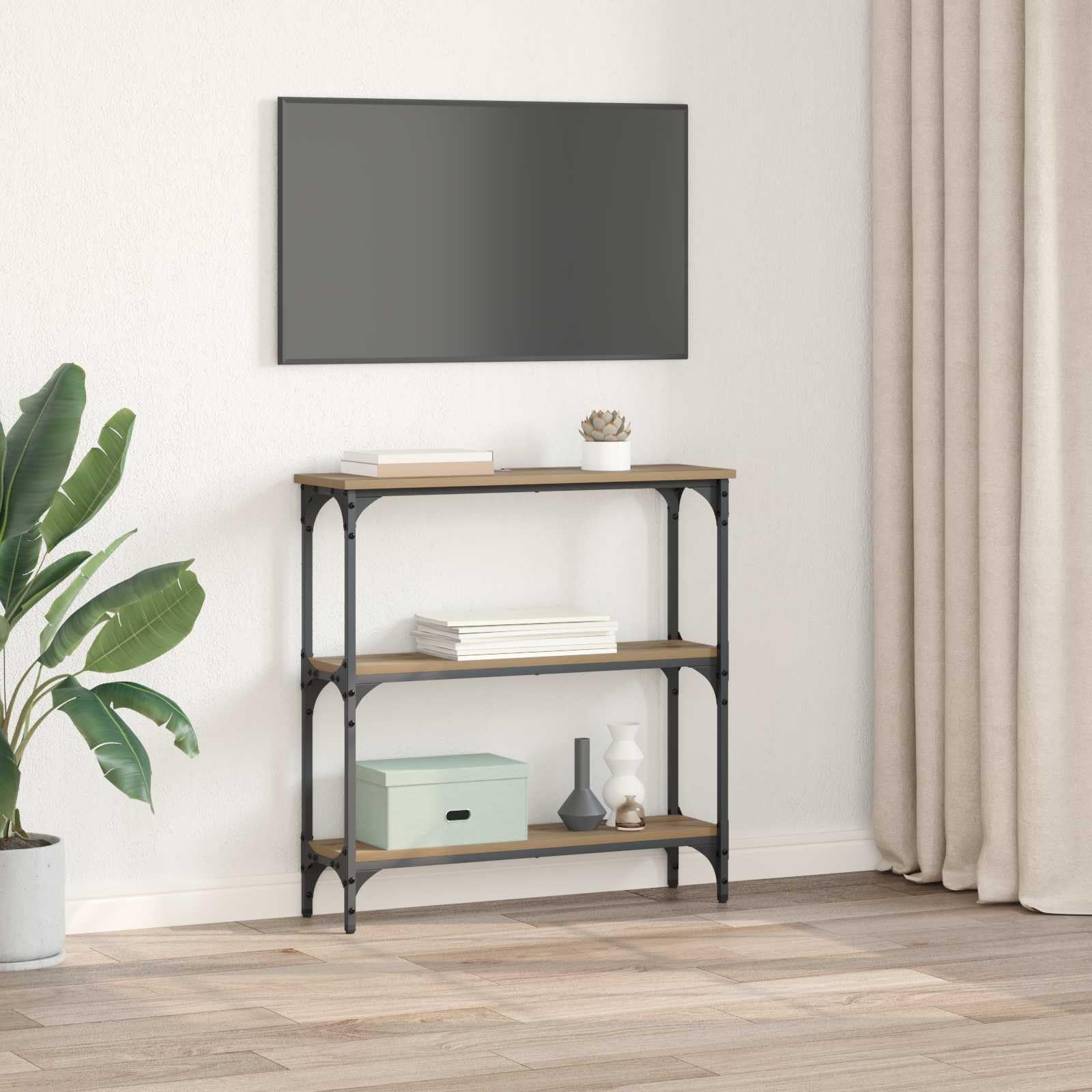 Tavolo Consolle Industriale in Legno e Metallo, 75x22,5x75 cm | Mobiletto stretto salvaspazio con 3 ripiani per corridoio e soggiorno, ideale per esporre piante e decorazioni.