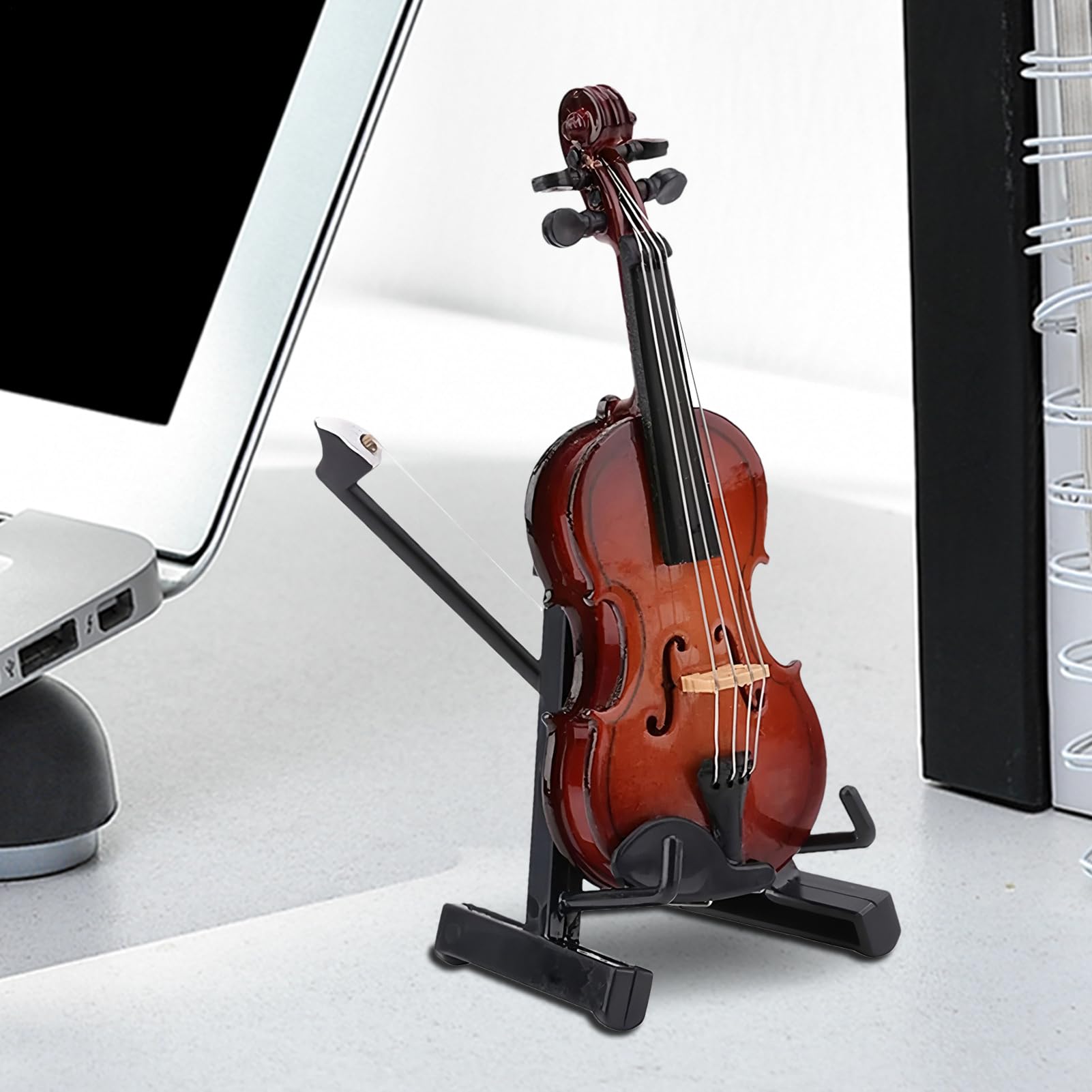 Generisch Violino in miniatura in legno con supporto, mini strumento musicale con supporto, modello da collezione, decorazione per casa delle bambole, soggiorno, camera da