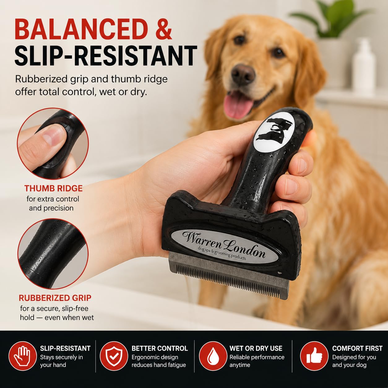 Warren London Brosse pour chien en acier inoxydable avec bouton éjecteur de fourrure Taille M