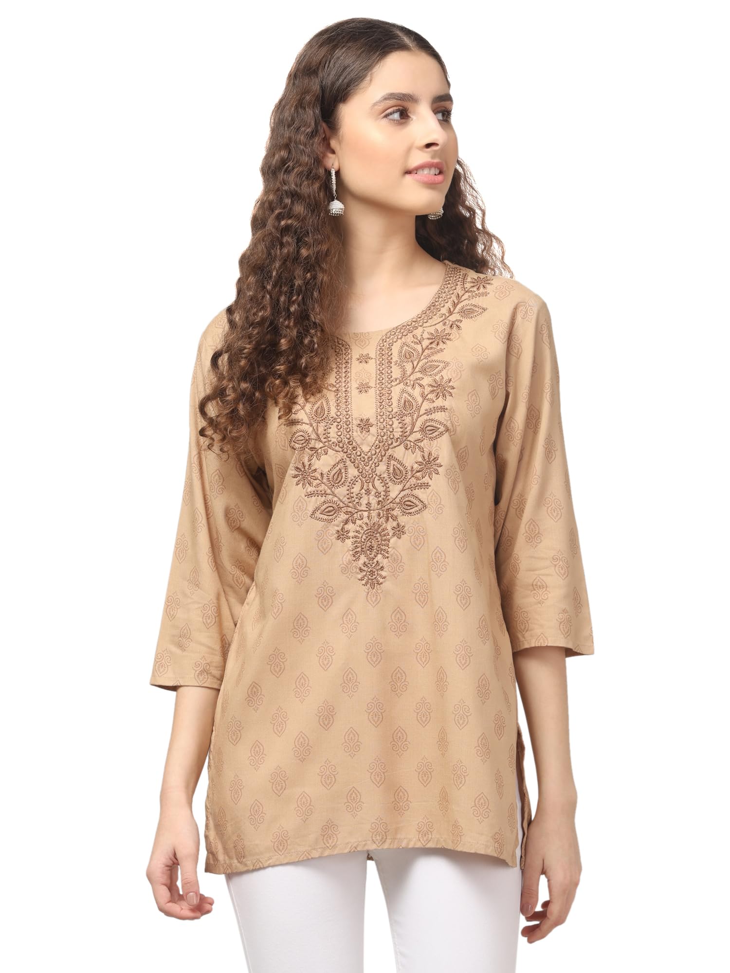 Libas Rayon Short Kurta for Women Lakhnavi Chikankari Embroidered Ladies Kurti, Stylish Girls Top, Ethnic Half Kurtas 1pcs in neutral