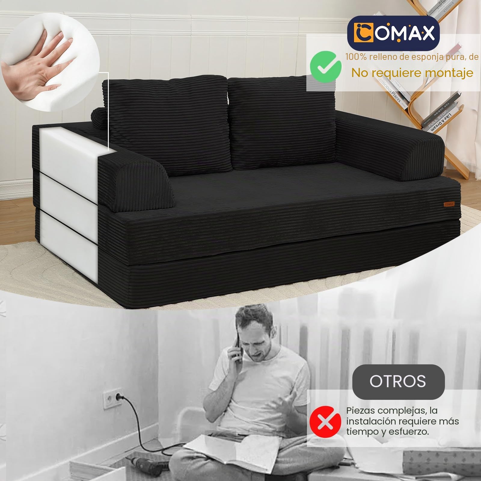 MeMoreCool Sofá cama convertible, sofá plegable sin huesos con funda de pana, colchón plegable con almohadas, cómodo sofá de espuma para sala de estar, dormitorio, habitación de invitados, color negro
