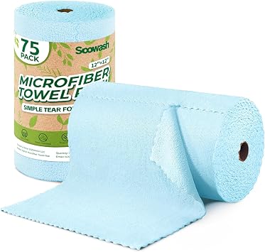 Microfiber Cleaning Cloths Roll 75 Pack 12x12 Inch Lint Free | Tear away design, lint free, washable, scratch free, ultra absorbent, for dish rags and household cleaning, blue color
