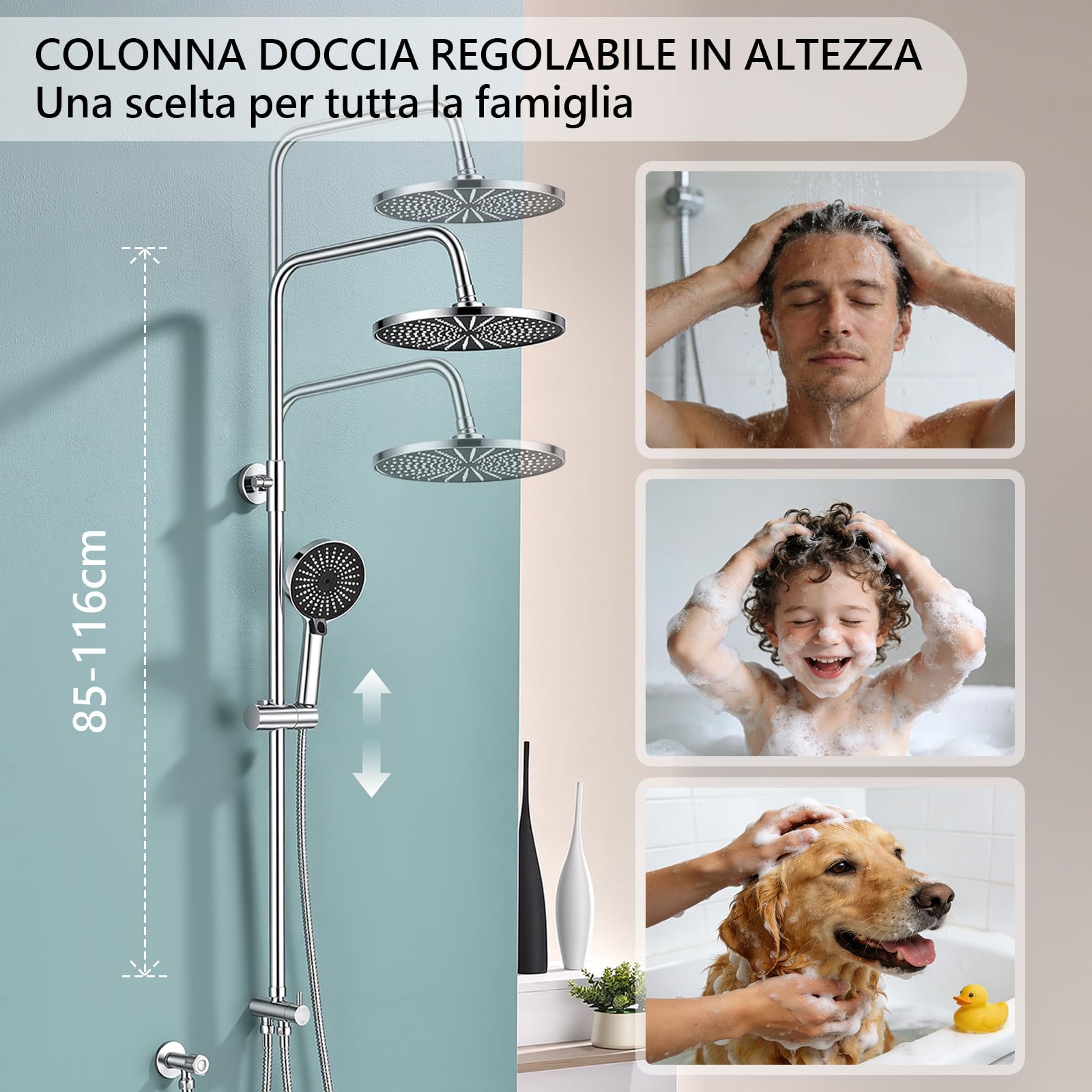 Kit doccia senza rubinetto regolabile in altezza Soffione a pioggia rotondo 26 cm e doccetta manuale 3 getti Acciaio inossidabile installazione rapida