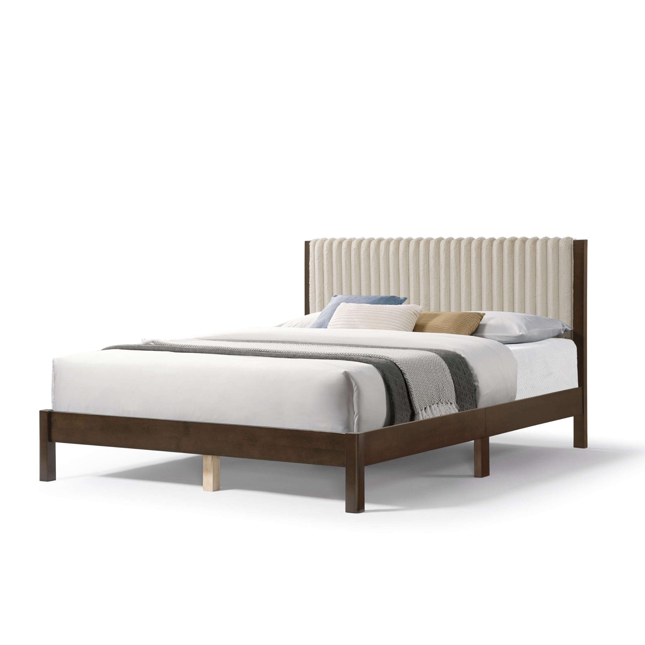 HOMES: Inside + Out Evadne Modern Corduroy Queen Platform Bed Frame with Vertical Channel Tufted Headboard and Solid Wood Slats for Bedroom, Guest Room, No Box Spring Needed, Light Brown/Dark Walnut