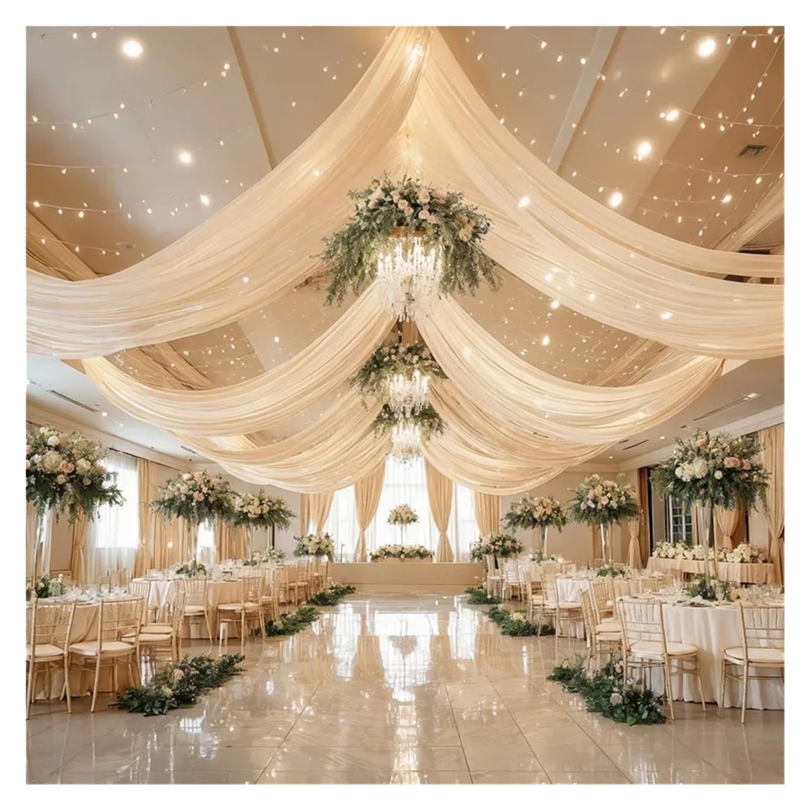 Panneaux De Rideaux De Plafond Rideaux de plafond for robe mariée blanche, décor d'auvent toit, rideau en mousseline soie for cérémonie mariage, décoration scène d'hôtel(5PCS Beige,W150X600CM)