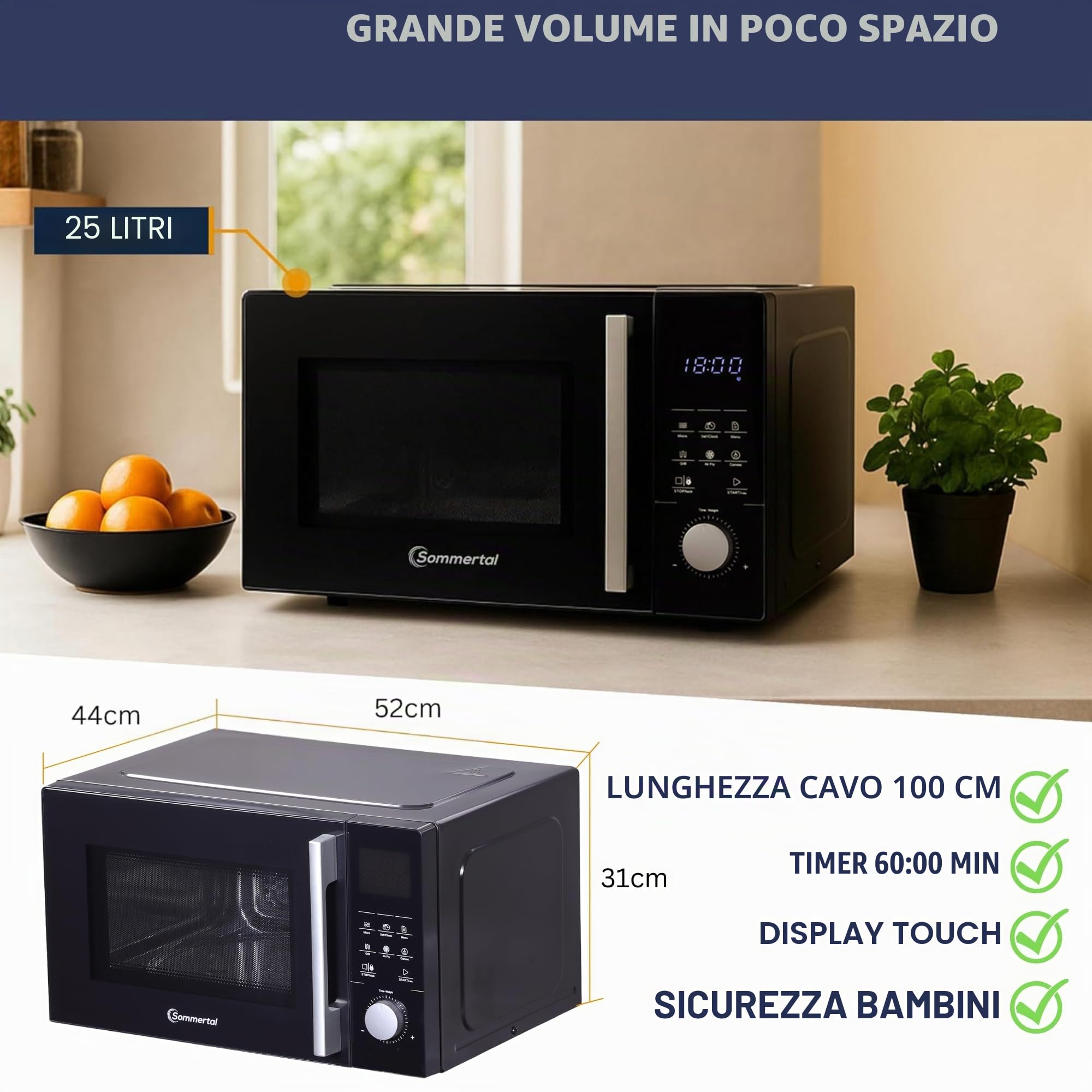 Sommertal Microonde 4 in 1 MW2200 25L – Touch, grill, aria calda, 8 programmi, timer da 99 minuti, sicurezza per bambini, avvio rapido, ruggine, padella per crisp