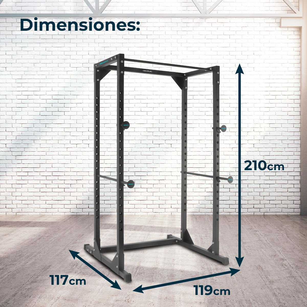 Cecotec Torre y Jaula Multiestación de Musculación, Rack de Dominadas y Fondos Drumfit PullUps 4000 Power Tower. Acolchado y con Agarres Antideslizantes, Altura Ajustable, Máximo Peso 120Kg