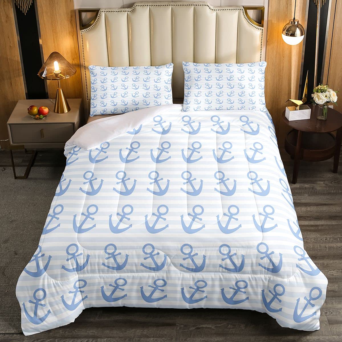 Loussiesd Anchor Soft Duvet Nautical Ocean Bedding Set Sea Adventure Geometric Stripe Blue White with 2 Pillowcases 3Pcs Bedding King — image 1