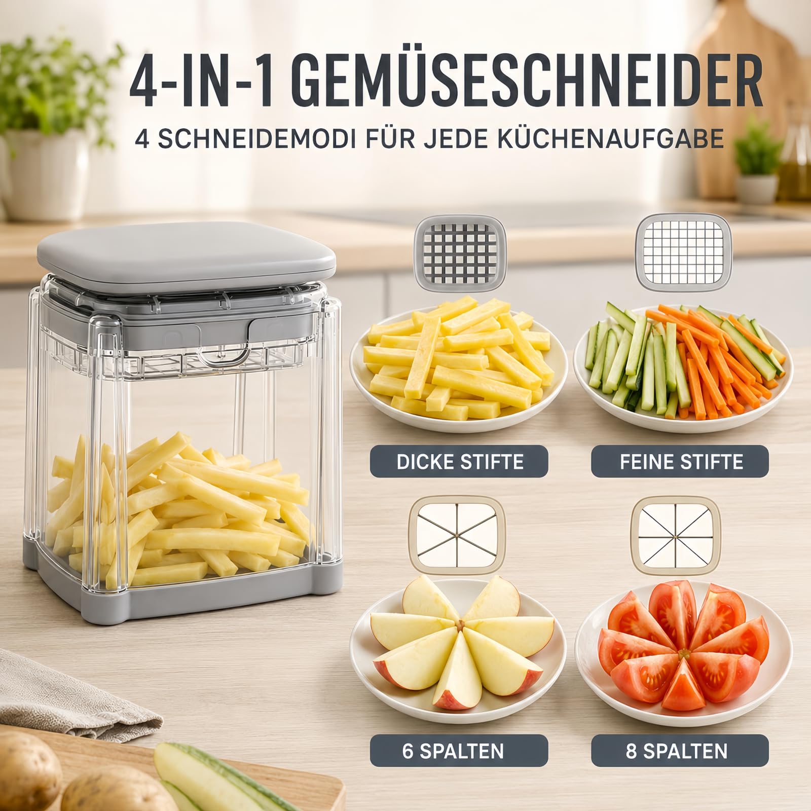 Pommesschneider 4-in-1-Kartoffelschneider mit Edelstahlklingen