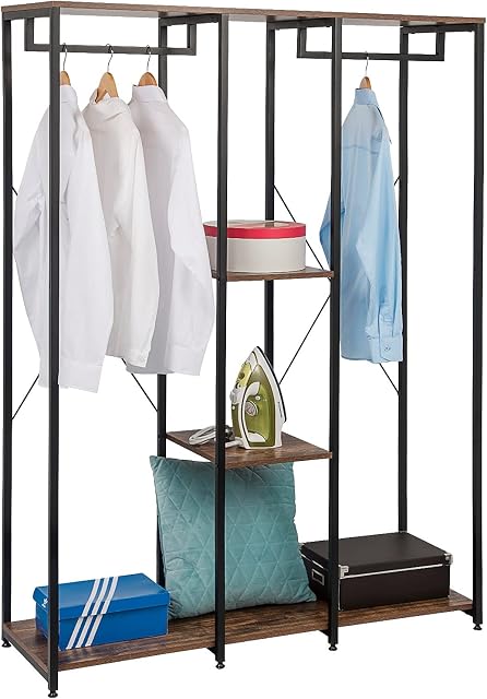 EUGAD Heavy Duty Clothes Hanging Rail Metal Clothing Coat Stand Garment Rail Wardrobe for Dress Shirt with Wooden Storage Shoe Rack Shelves Unit Vintage
