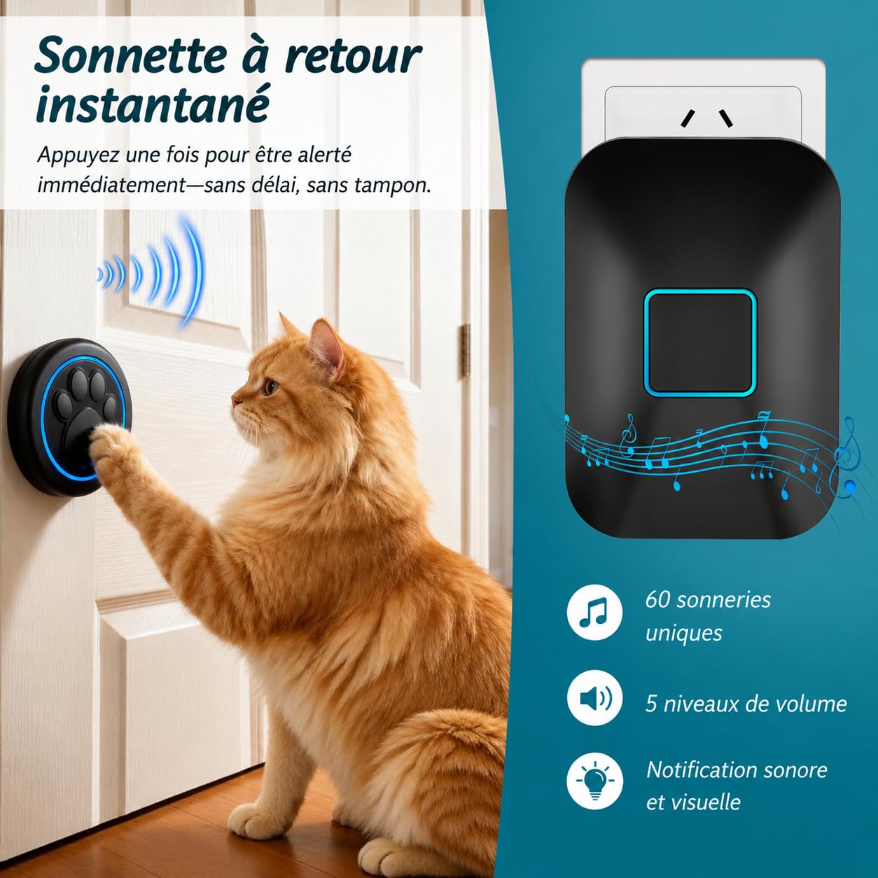 A88 Blk Sonnette Chien Tactile (1 Sonnette et 1 récepteur) | Sonnette sans fil 300 m, LED, 60 mélodies, étanche IP65; bouton sensible pour apprentissage de la propreté