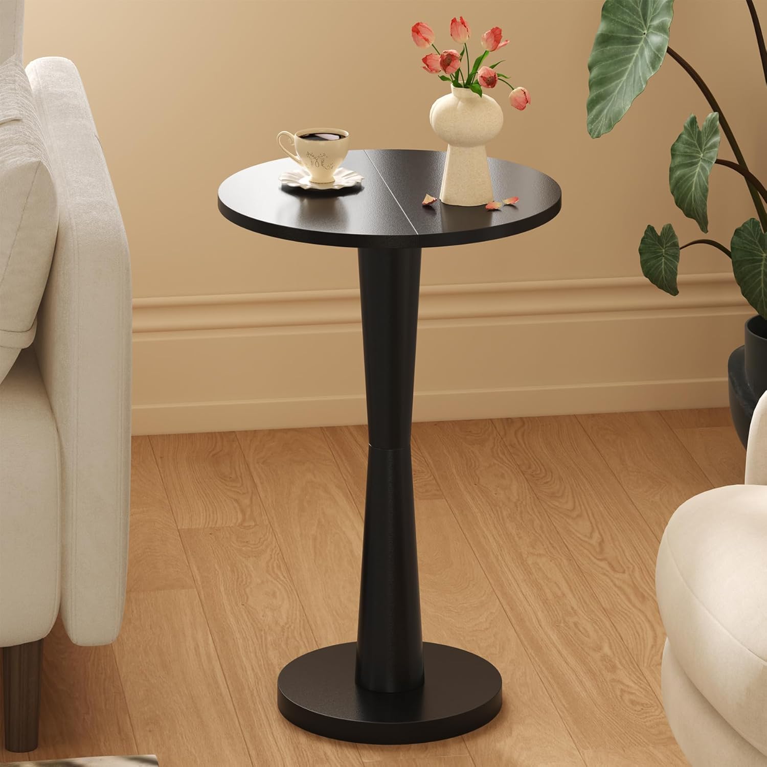 LAATOOREE Round Side Tables Set of 2, Pedestal Drink Tables, Accent End Tables, 15" Large Tabletop, Solid Wood Leg for Small Space, Living Room, Bedroom, Corner (2, Black)