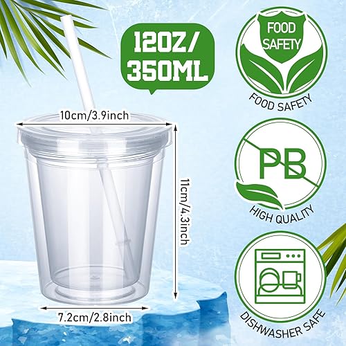 Miniatura 3 de FoldTier 6 vasos transparentes con tapa y popote para niños, vaso de doble pared de acrílico aislado de 12 onzas, vasos reutilizables de plástico