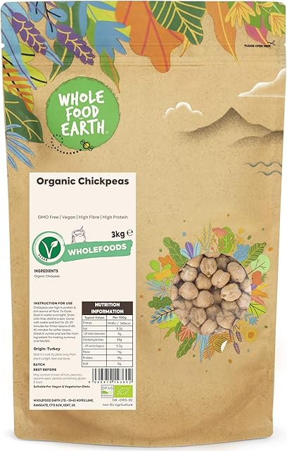 Wholefood Earth Organic Chickpeas 3kg GMO Free | Vegan | High Fibre | High Protein | Certified Organic
