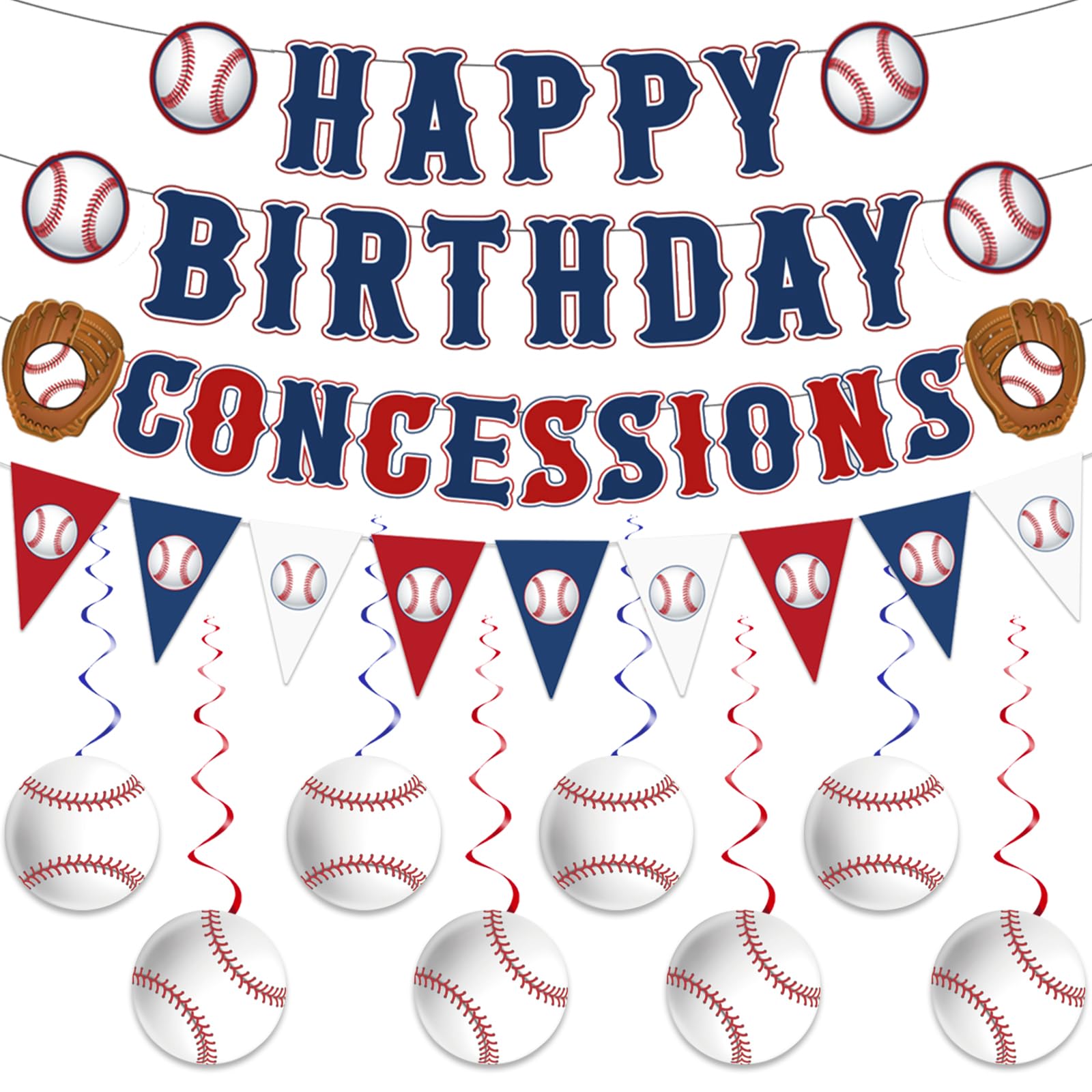 19PCS Baseball Party Decorations, Baseball Birthday Party Decorations Includes Happy Birthday Banner Concessions Banner and Baseball Hanging Swirls
