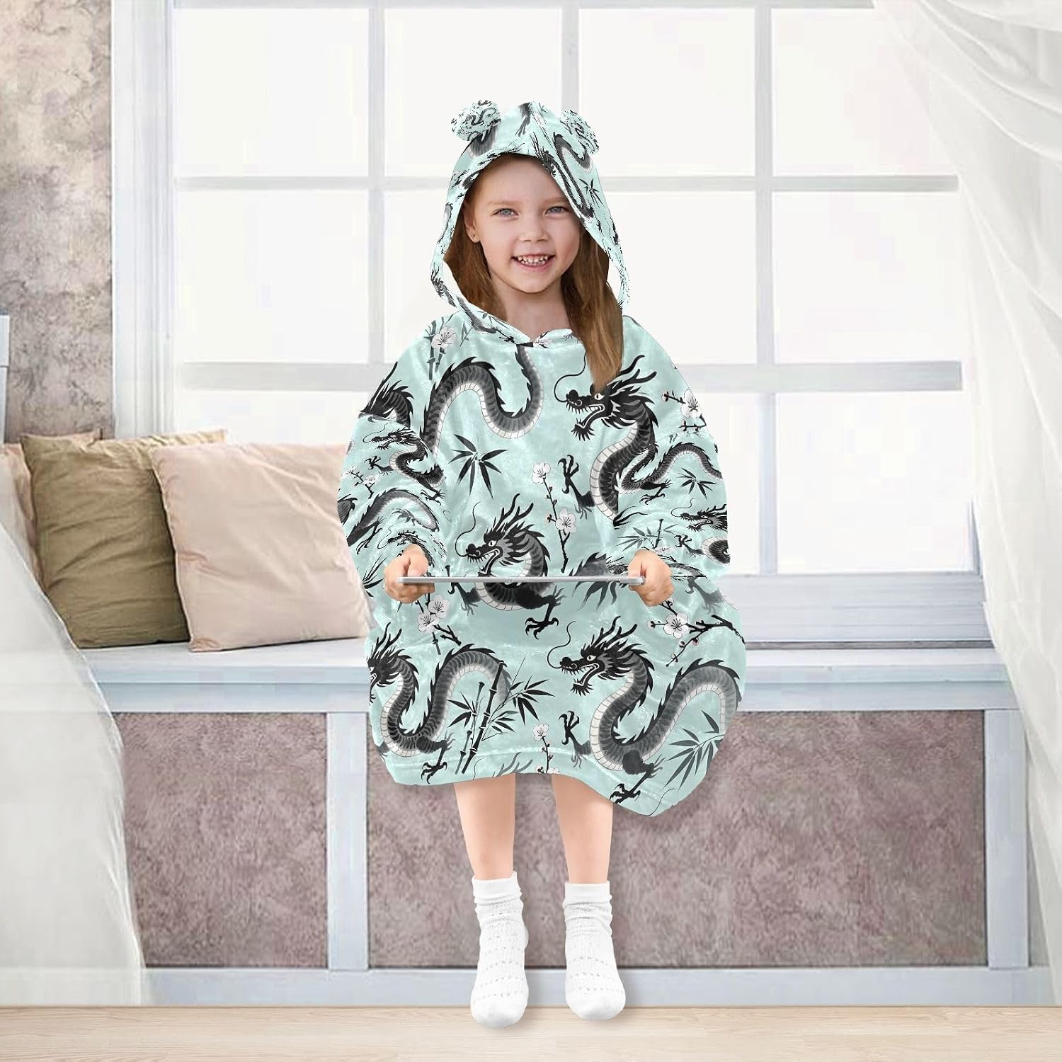 Kigai Dragon Wearable Blanket Hoodie for Kids Oversized Hooded Blanket Warm & Cozy Sweatshirt with Pockets
