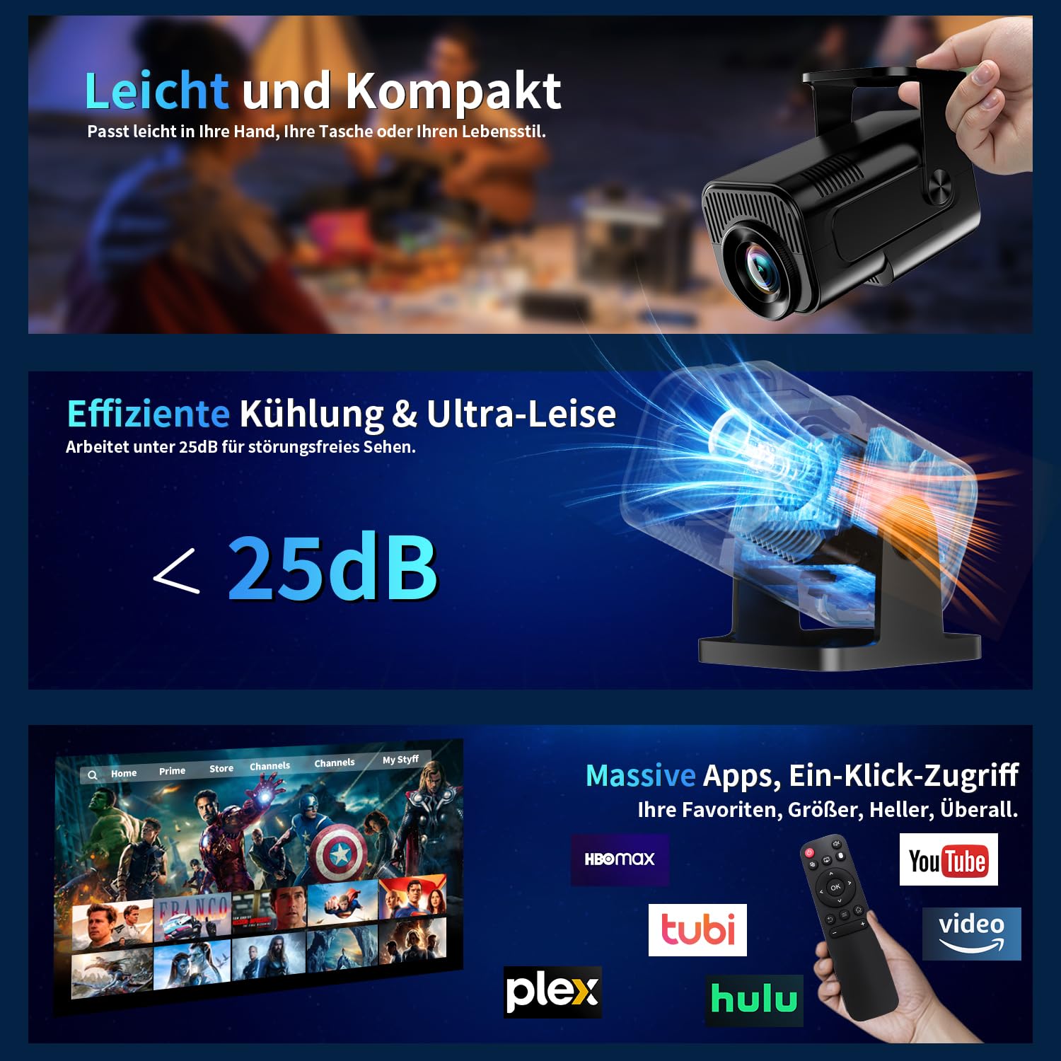 Mini Beamer Unterstützt 4K 1080P, Projektor Tragbarer mit WiFi 6 und Bluetooth 5.2, Beamer Klein Projektor Auto Keystone 270° Dreh Kompatibel mit HDMI/TV Stick/Memory Stick/Laptop, Schwarz