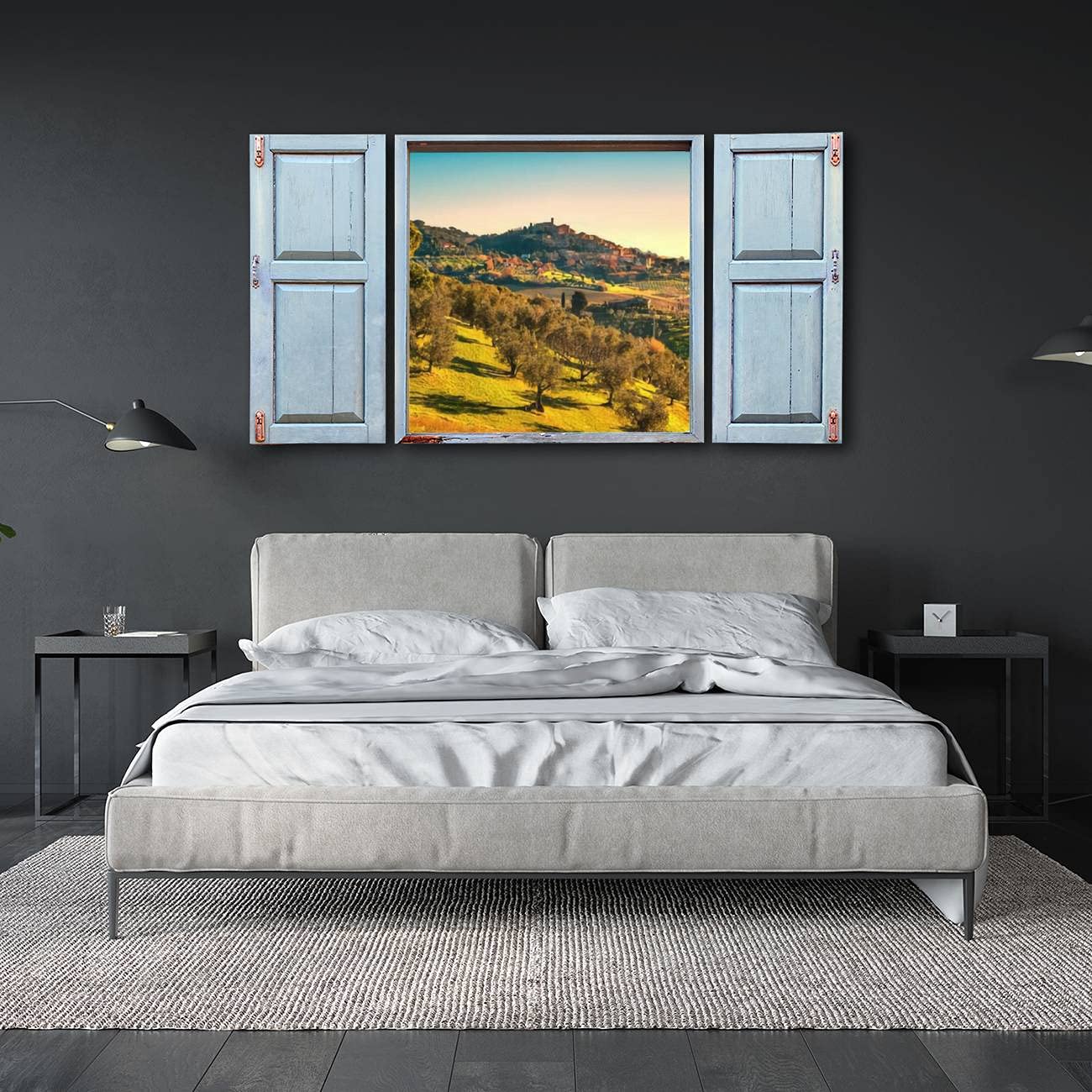 Old Window Frame Style Wall Art 3D Casale Marittimo village olive trees countryside landscape in Maremma Canvas Printed Window Frame Wall Art for Office, Living Room, Bedroom Home Decor
