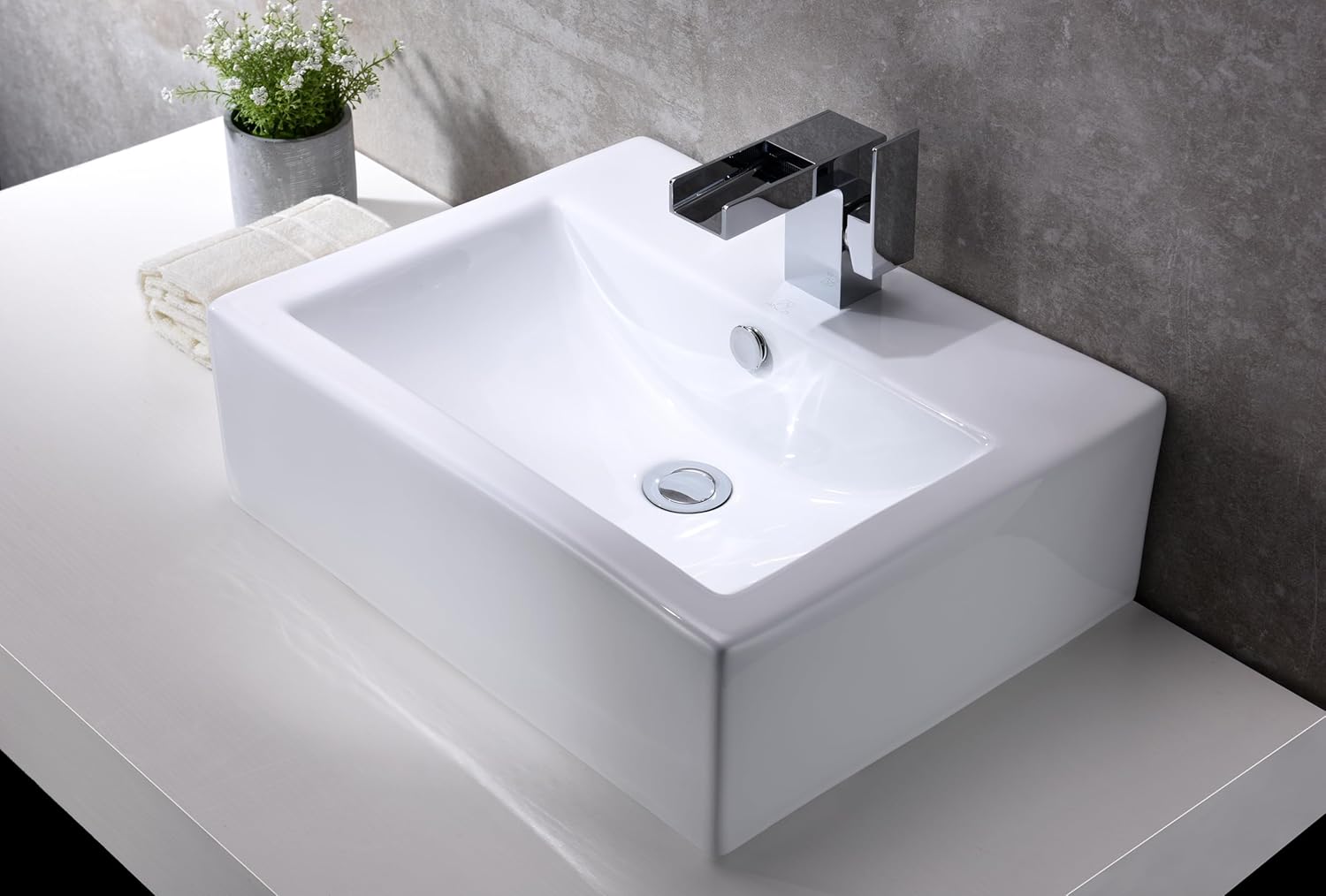 ANZZI Vitruvius Polished Glossy White Ceramic Rectangular Vessel Sink for Bathroom | Overflow Built in Vitreous Porcelain Single Bowl Bathroom Sink above Counter Top | LS-AZ130