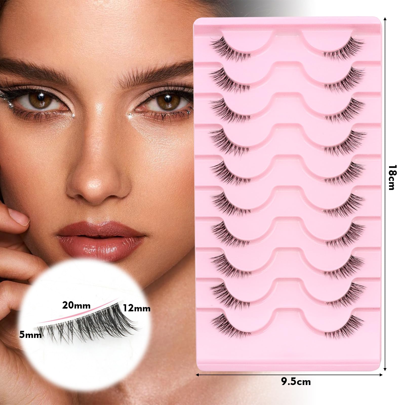 VEGCOO 10 Paia Mezze Ciglia Finte Naturali, Ciglia Occhio di Gatto Fake Half Eyelashes Riutilizzabile, 3D Cancella Banda Trasparente Corner Lashes (HN-Stelo trasparente)