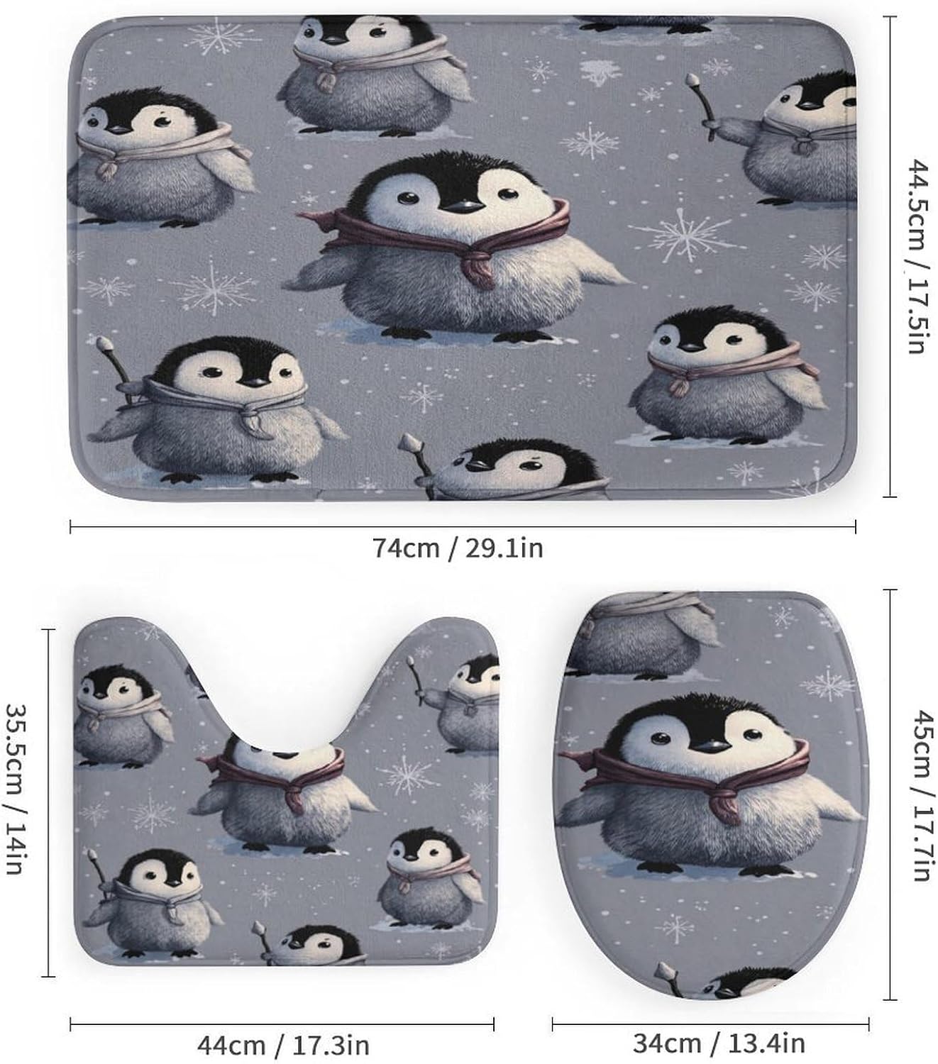 Cute Penguin Winter 4 PCS Bathroom Set with Shower Curtain Rugs, Ultra Soft Coral Fleece Bath Mat, U-Shaped Rug, Toilet Lid Cover, 72" X 72"