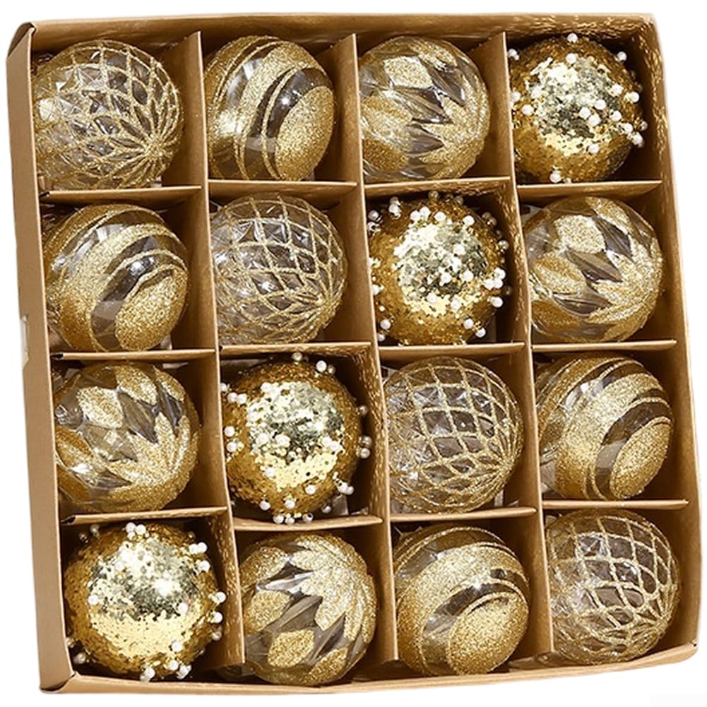Hasaller Christmas Tree Baubles 16Pcs 6cm Lightweight PET Decorative Ball Shatterproof Xmas Trees Ball Ornament Christmas Festive Tree Hanging Pendant for Party Holiday Home Decor(Gold)