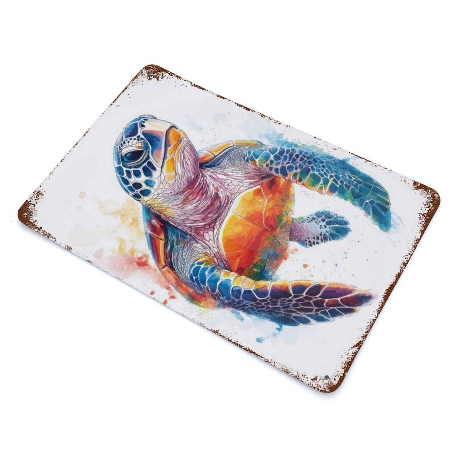 Rust Effect Colorful Sea Turtle Watercolor Aged Metal Wall Plaque 11.8"x7.9", Rustic Home Decor for Bistro, Counter And Cafe Decor