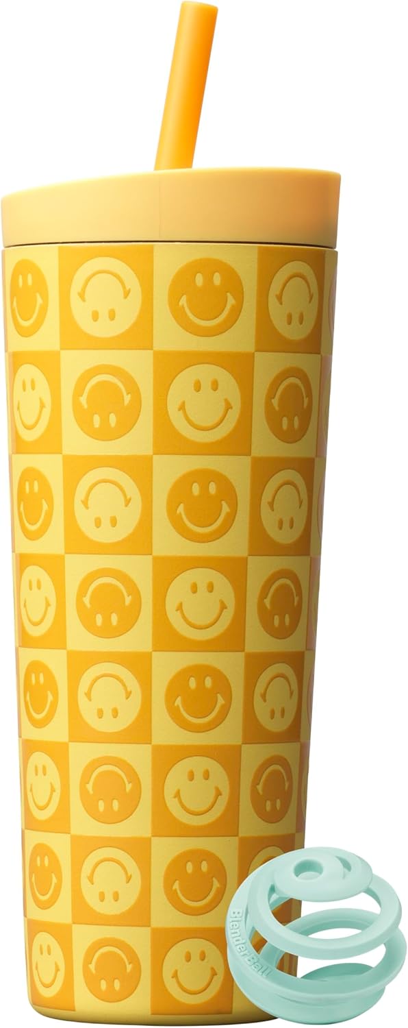 BlenderBottle 2-in-1 Insulated Stainless Steel Shaker Tumbler, Swig Leakproof Lid, Straw, BlenderBall, BPA Free, For Protein Shakes, Smoothies, And Pre Workout, 24 oz, Kami Smiles