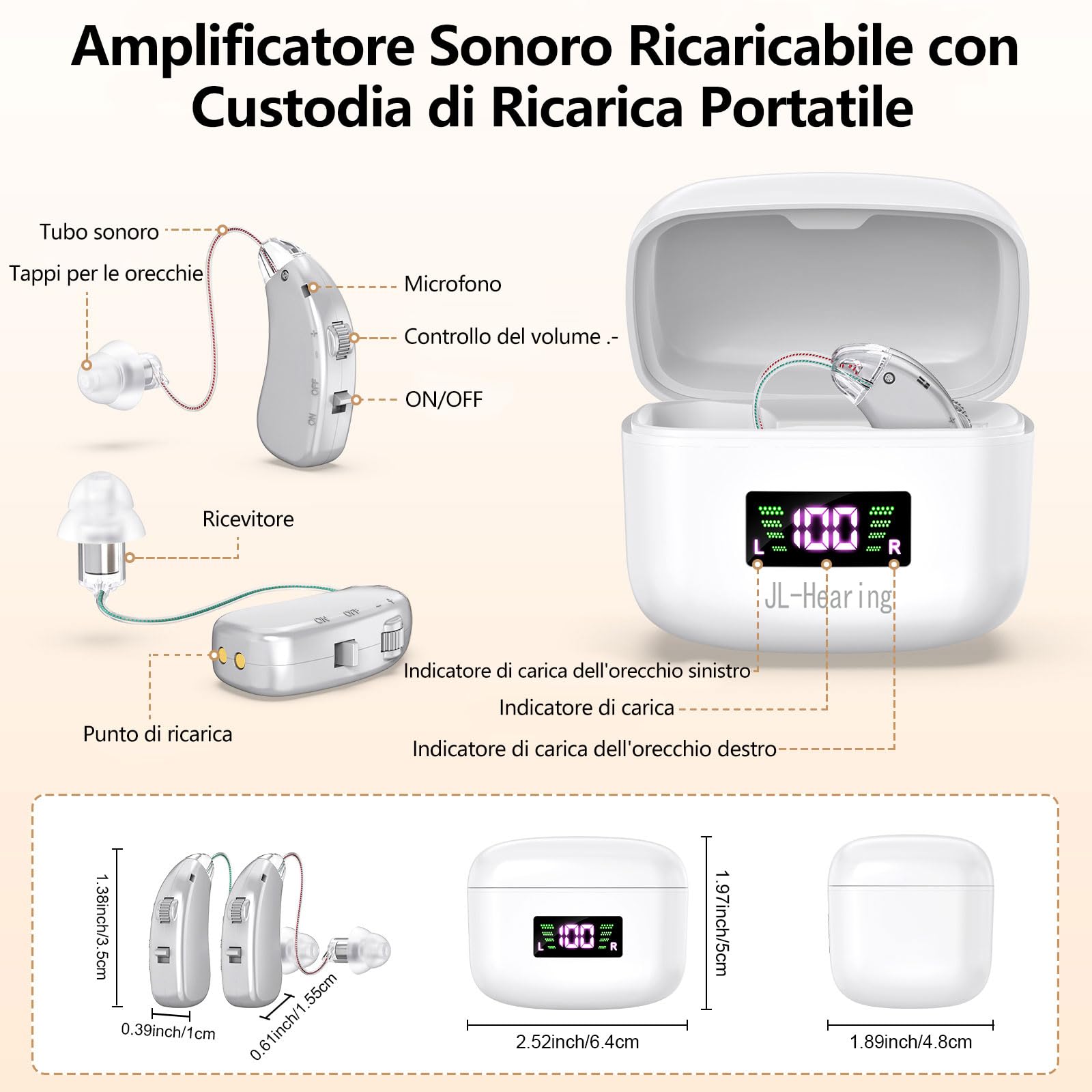 Dispositivo ricaricabile, argento, doppio auricolare, visualizza il livello di carica residua della batteria