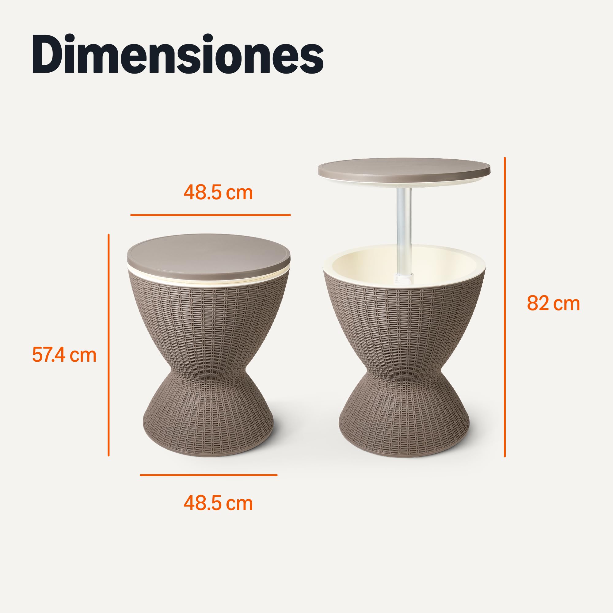 Amazon Basics Mesa Alta con Nevera de 29.8 litros para Exteriores, Estilo Mimbre, ‎48 x 48 x 57-82 cm, Marrón y blanco