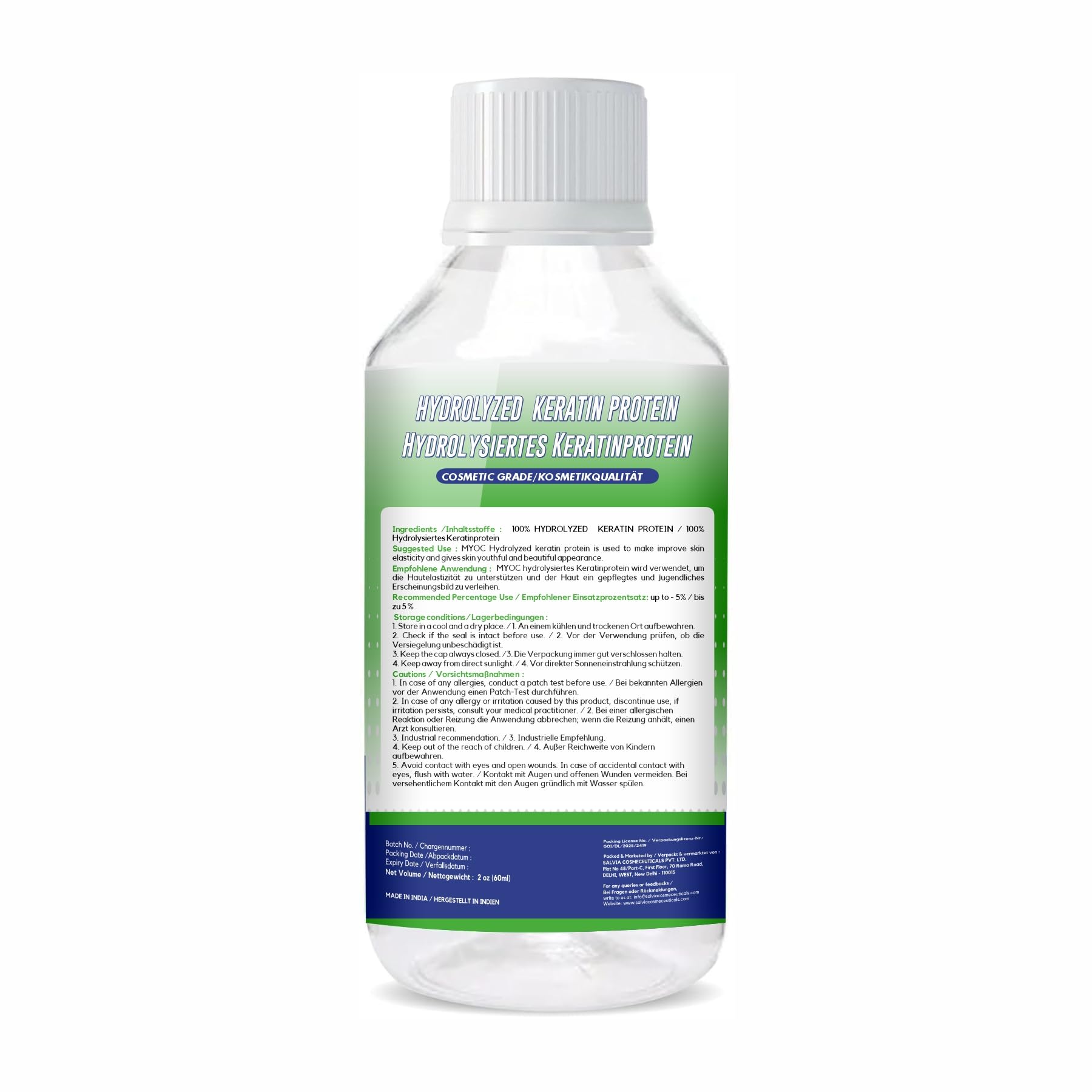 HYDROLYZED KERATIN PROTEIN Liquid - 60 ml | For Hairs | 2 FL Oz | DIY Ingredient | Hair Strengthens & Protects – Reduces Damage – Fight Fizz – Softens – Moisturizes – Increases Density