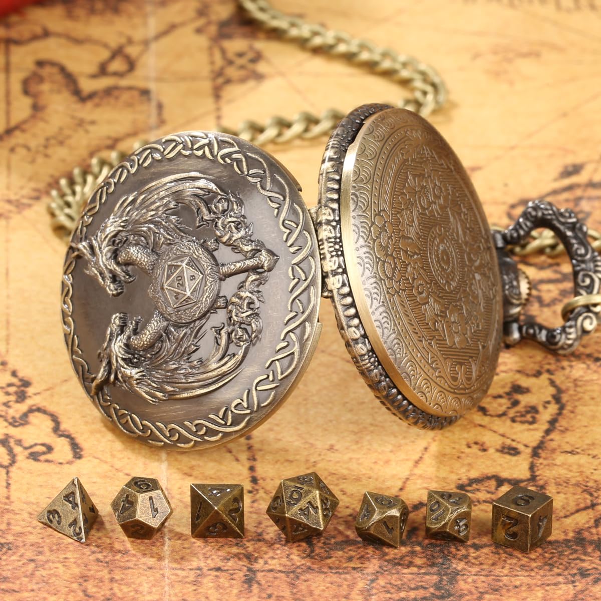 Mini DND Dice Set including Wand and Double Dragon Head Pocket Watch Shell Case, DND Starter Set - Image 3