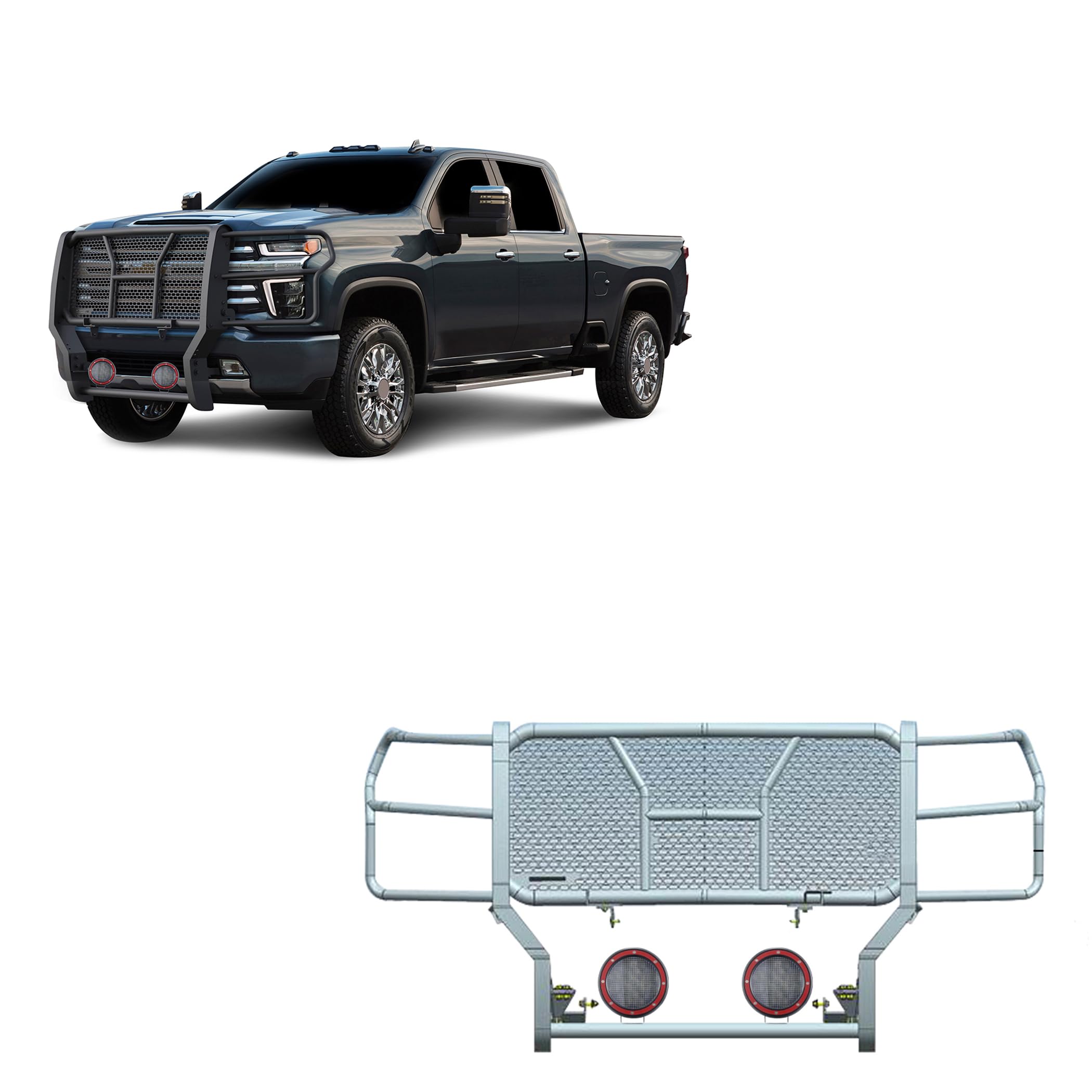 Black Horse Rugged Heavy Duty Grille Brush Bumper Guard Modular Black Come with Pair of 5.3" Dia.LED Lights with Red Trim Rings Compatible with 2020-