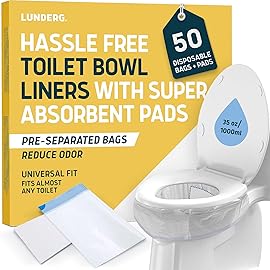 Lunderg Toilet Liners with Lemon Scented Super Absorbent Pads - Value Pack 50 Count Universal Fit - Disposable Toilet Bags - Convert any Home, Boat or Camping WC into a Dry Flush - Emergency must have