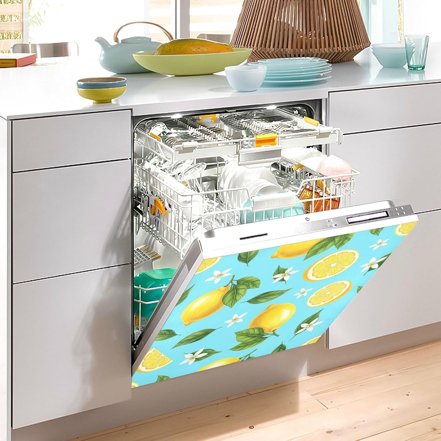 QUGRL Lemon Slices Leaves Flowers Blue Background Dishwasher Magnet Cover Front Door Decorative Refrigerator Covers Magnetic Sheet Sticker Wash Machine Fridge Panel Decal for Kitchen Appliance 23x26 i