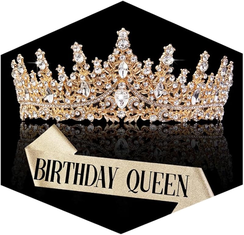 Fesciory Corona de cumpleaños para mujer, tiara de cristal chapada en oro con faja | Tiara brillante de princesa reina, ajuste para adultos, cumpleaños, boda, fiesta de graduación, regalos para la mayoría de edad y accesorios para disfraces de Halloween