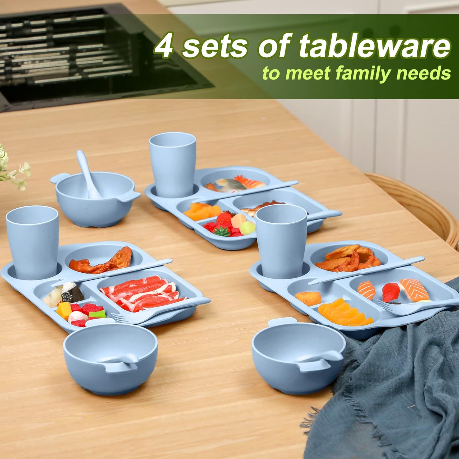 Tanlade 24 Pcs Wheat Straw Dinnerware Cutlery Sets, Divided Plates Unbreakable Bowl Microwave Dishwasher Safe Tableware Cutlery Spoon Knife Fork Cup(Blue)