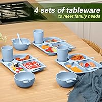 Vista 5 de Tanlade Juego de 24 cubiertos de paja de trigo, platos divididos, platos irrompibles, aptos para microondas, lavavajillas, cubiertos, cuchara, Azul