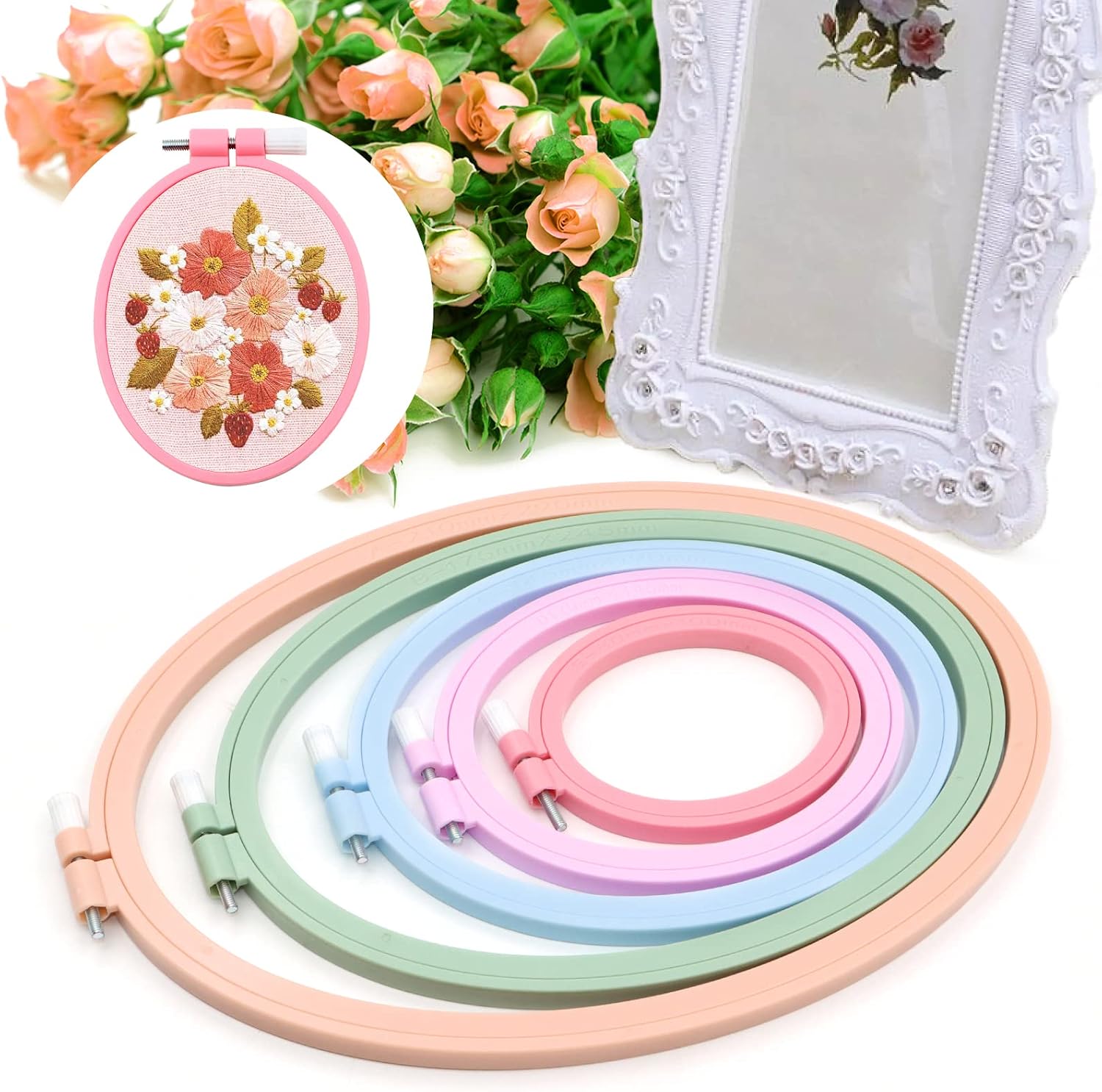 ZOCONE 5 Pcs 5 Size Oval Embroidery Hoops, ABS Plastic Embroidery Hoops Cross Stitch Hoops Embroidery Frames for Sewing, Needlework, Embroidery Projects (Size-11.4", 9.6", 7.5", 5.7",3.9")