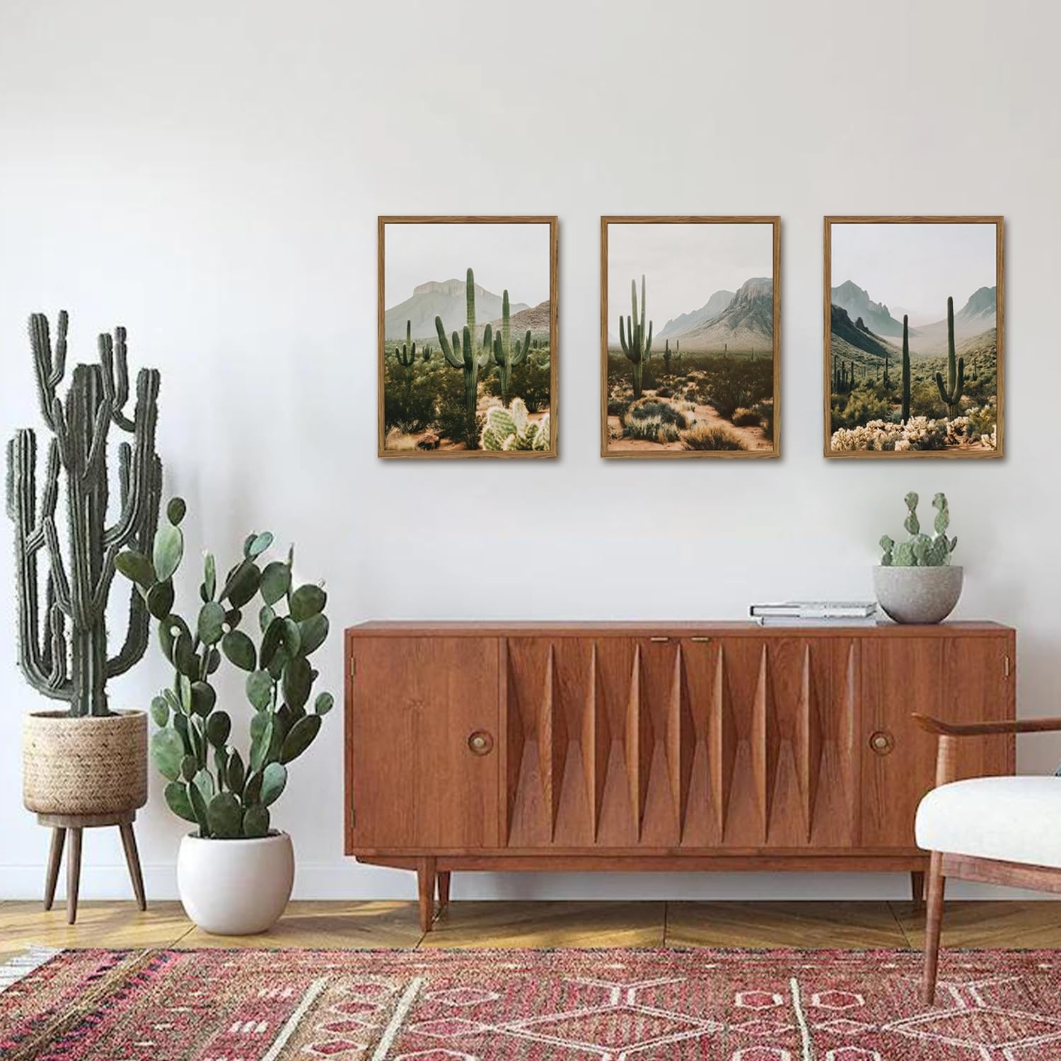 Framed Desert Landscape Wall Art Set of 3, Vintage Southwestern Cactus Wall Decor Paintings, Mexican Mountain Botanical Pictures Canvas Prints for Living Room Bedroom Bathroom Office 12x16 inch