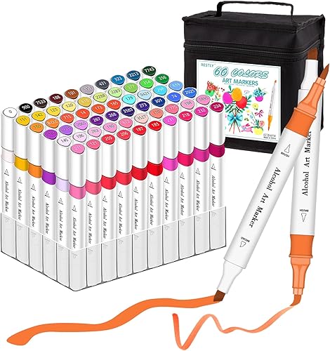 Restly Juego de 60 marcadores de alcohol prémium para dibujar y bocetar, impresionantes bolígrafos de doble punta para colorear para niños y