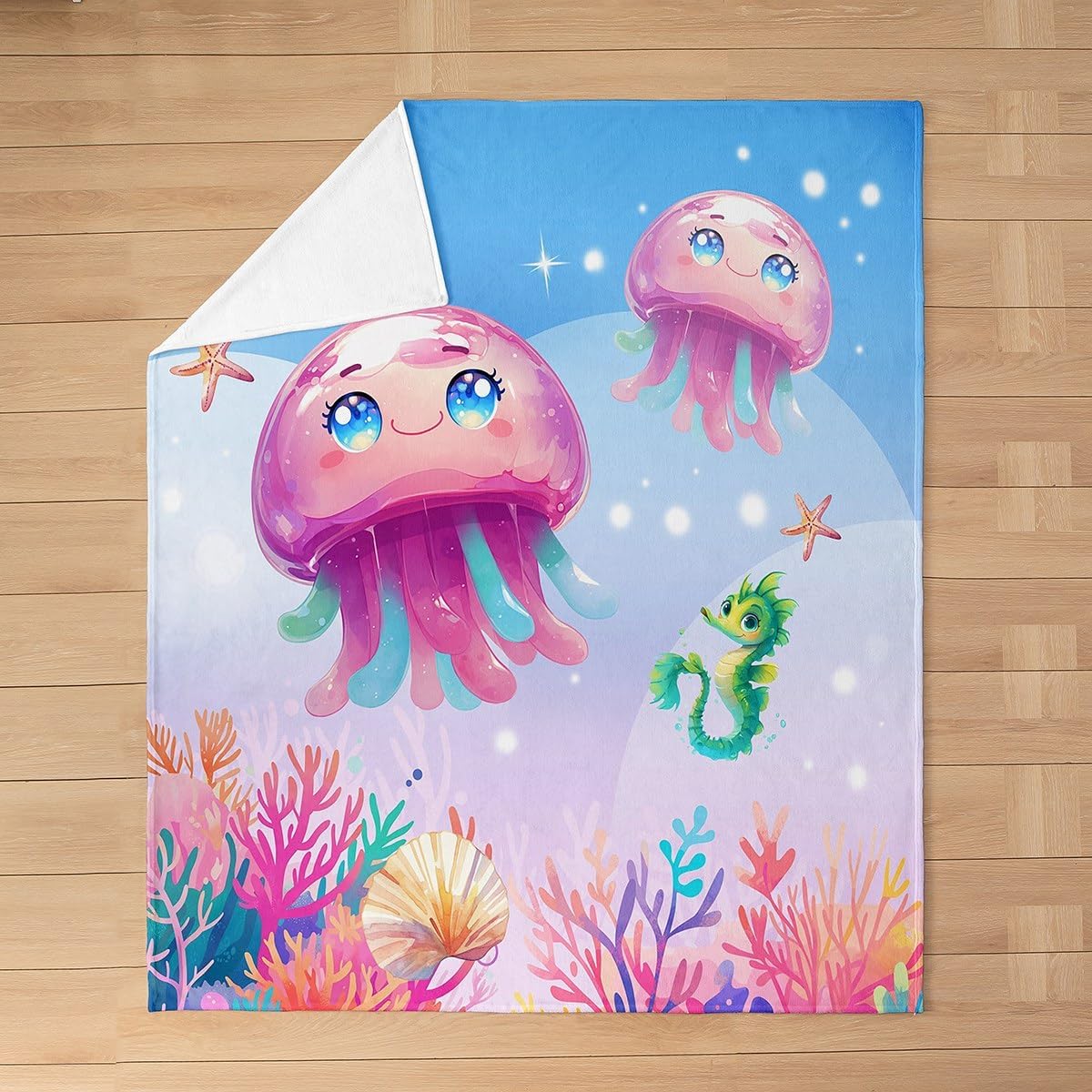 Girly Jellyfish Flannel Blanket,Cartoon Sealife Cute Starfish Seahorse Breathable Flannel Plush Blanket Queen 90"x90",Watercolor Coral Seaweed Dreamy Underwater Fuzzy Blanket for Bed Sofa Couch