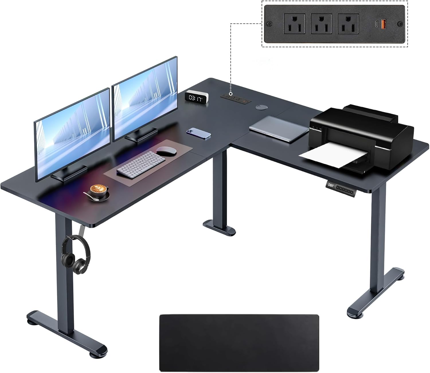 63” L Shaped Standing Desk with Charging Station,Supports Left and Right Swapping,Electric Height Adjustable Corner Stand Up Desk.Free Hook, Lockable Wheels,Mouse Pad,Black