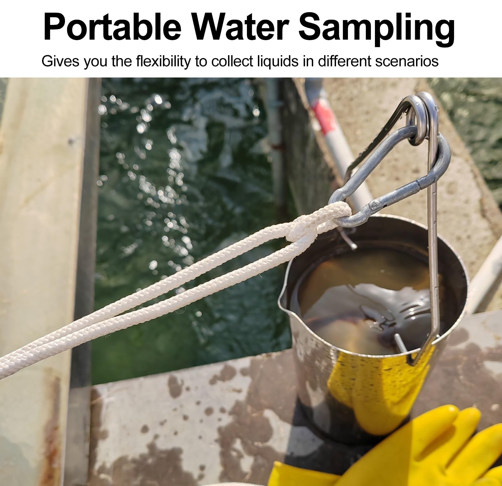 ERRULAN Wasserprobenehmer Wasserprobenehmer-Löffel aus verdicktem 304-Edelstahl mit 5 m langem Probenahmeseil, Becher-Probenehmerkelle, ultraleichter Qualitätssammler(3000ml/0.8gal)