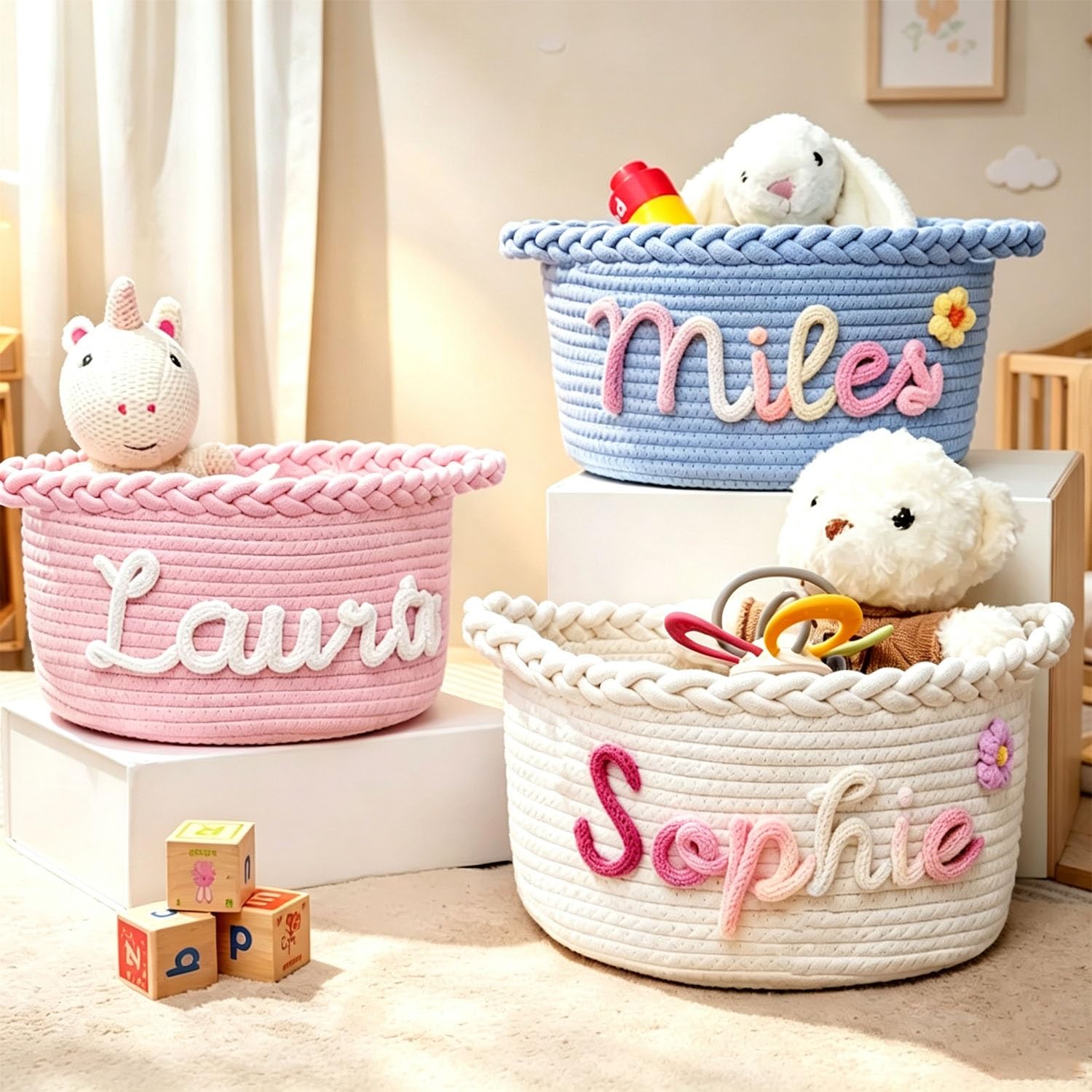 Personalised Name Handmade Cotton Rope Basket, For Newborn Boys & Girls