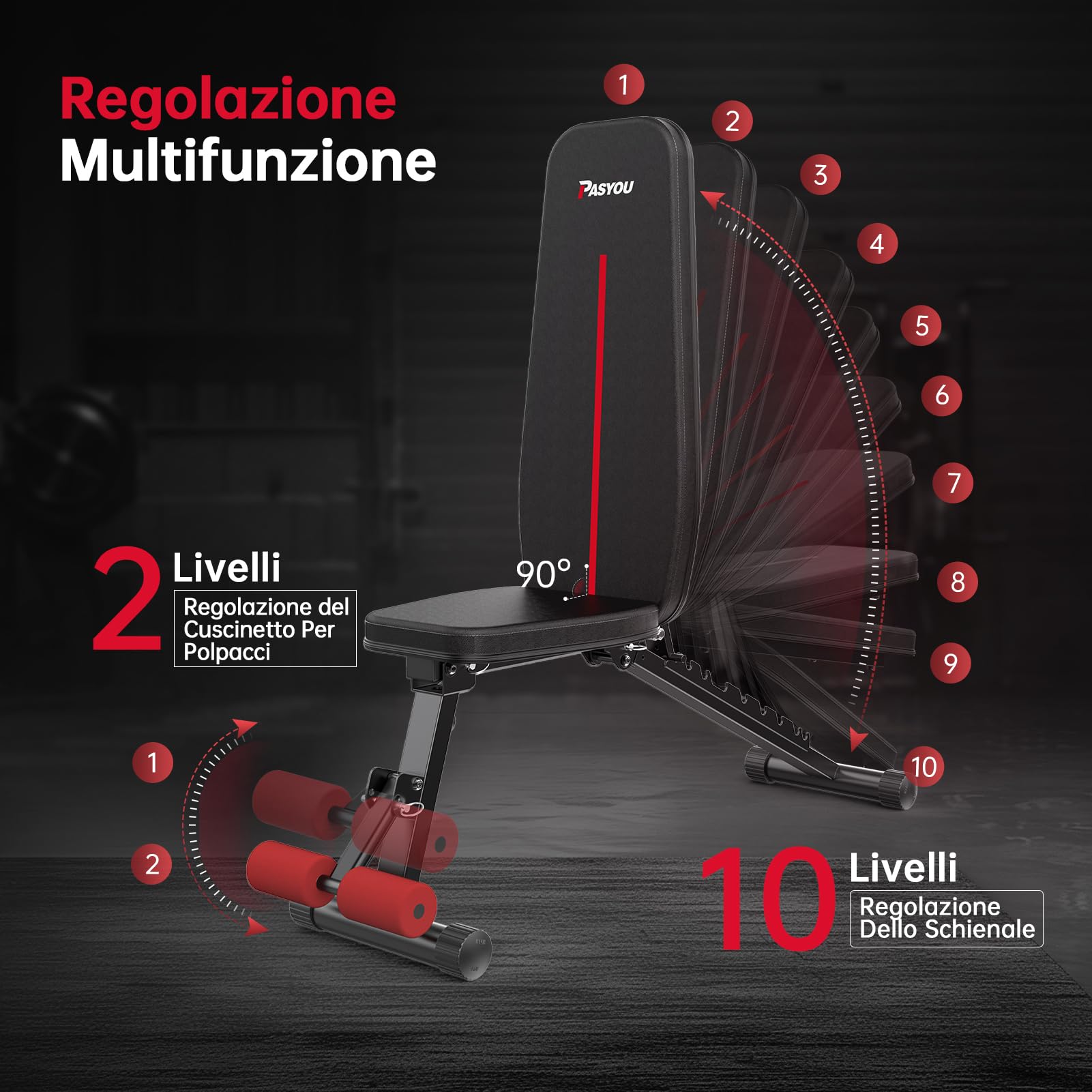 PASYOU Panca Palestra Pieghevole 10 Posizioni Regolabili 90 Gradi Verticale Multifunzionale Panca Piana per L'allenamento Completo del Corpo Panca per Addominali