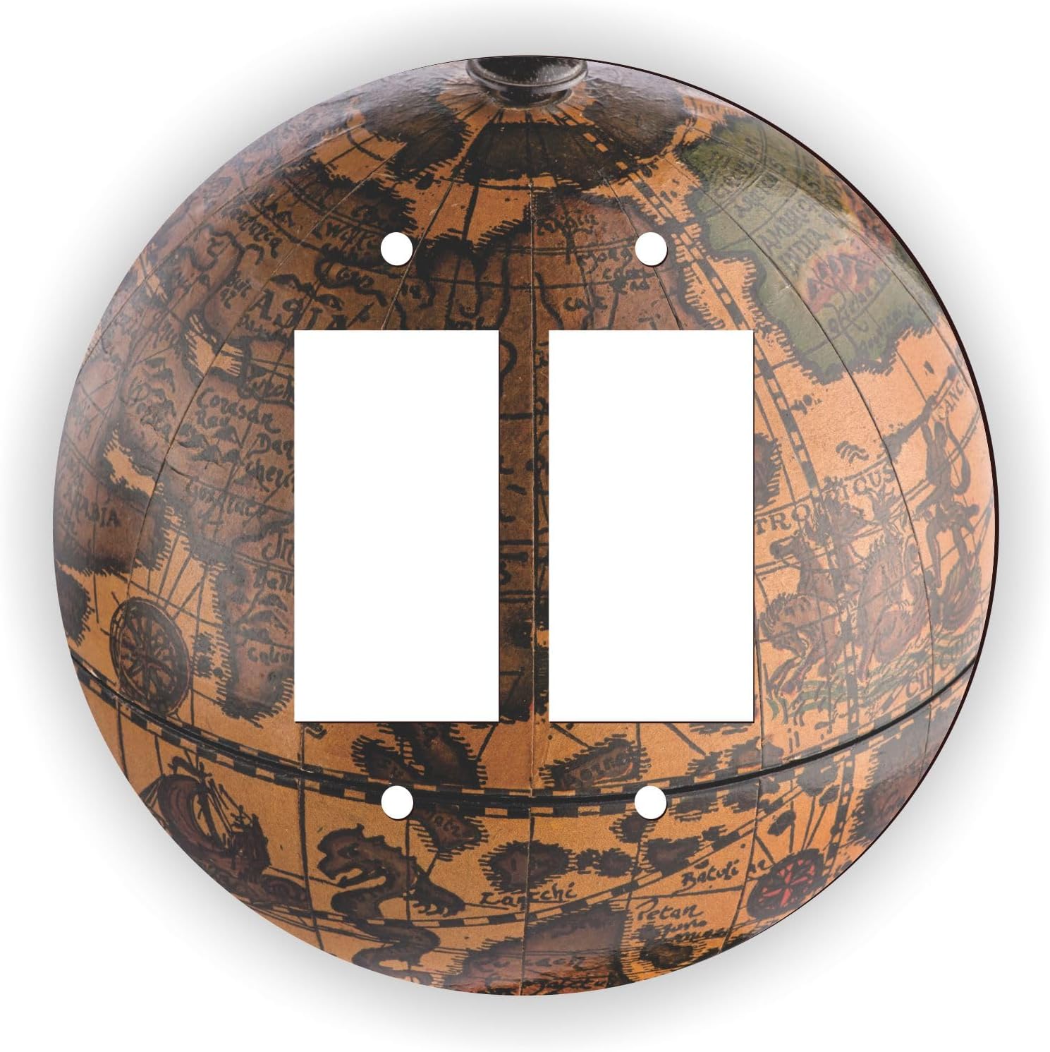 Island Gifting - Vintage Brown Globe Design - Round Double GFI Rocker Switch Plate Cover, Decorative Wall Plate, Modern Dual GFCI Outlet Cover for Home Decor