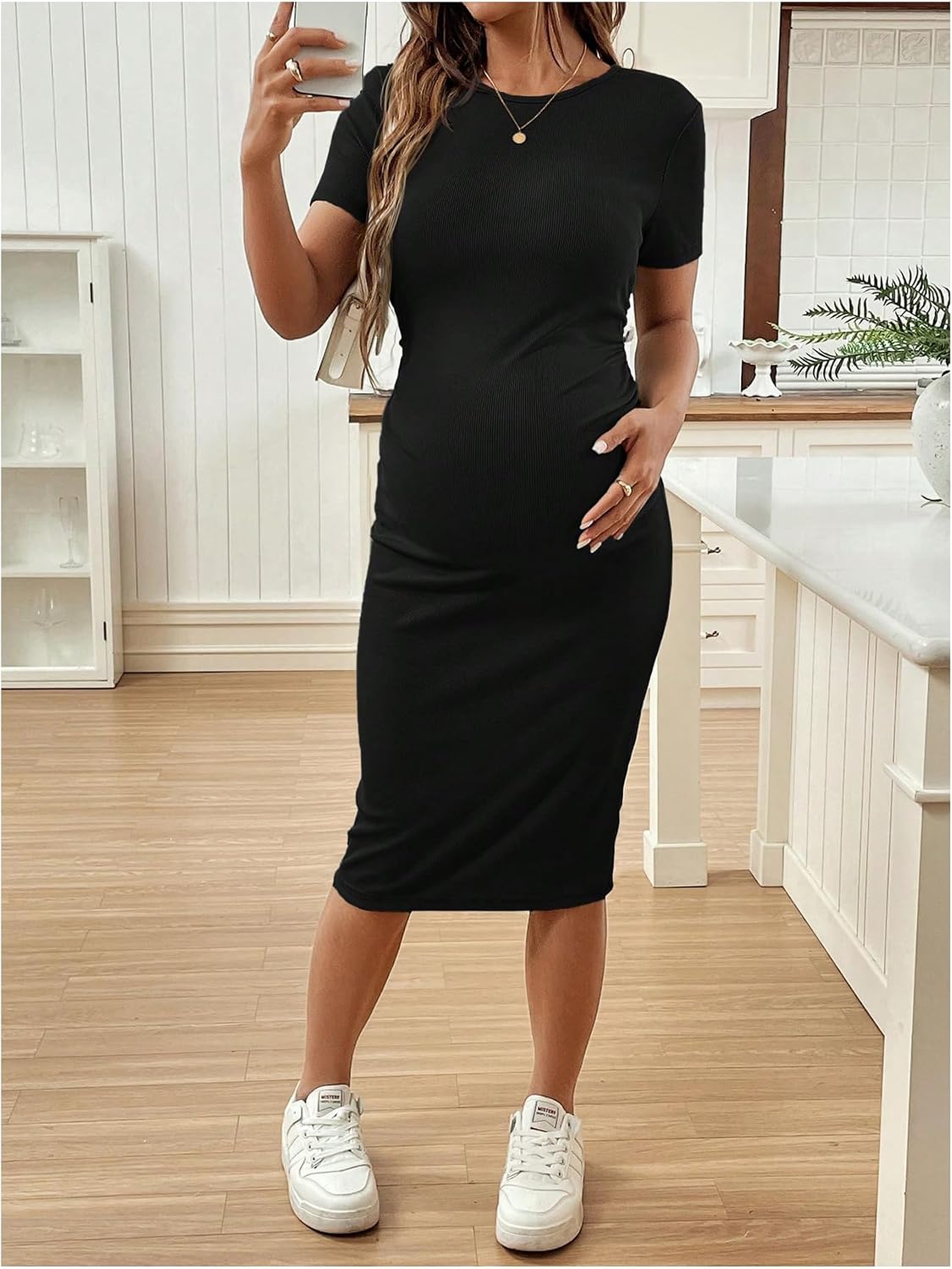 SHENHE Women's Short Sleeve Maternity Dress Ruched Ribbed Bodycon Midi Dress Pregnancy Clothes