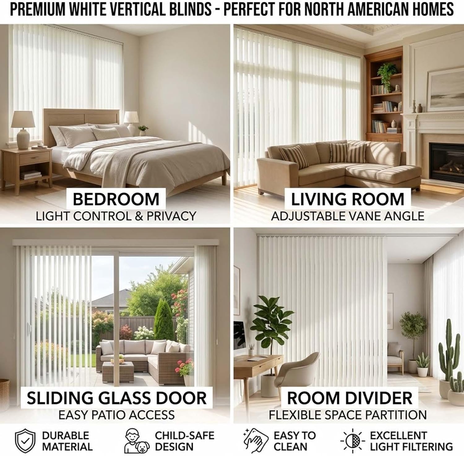 White Vertical Blinds for Sliding Glass Doors 63" 71" 78" 88" 98" 118" Blackout Fabric Panel Track Window Blind, Privacy Room Divider & Closet Cover(78" W x 64" H)